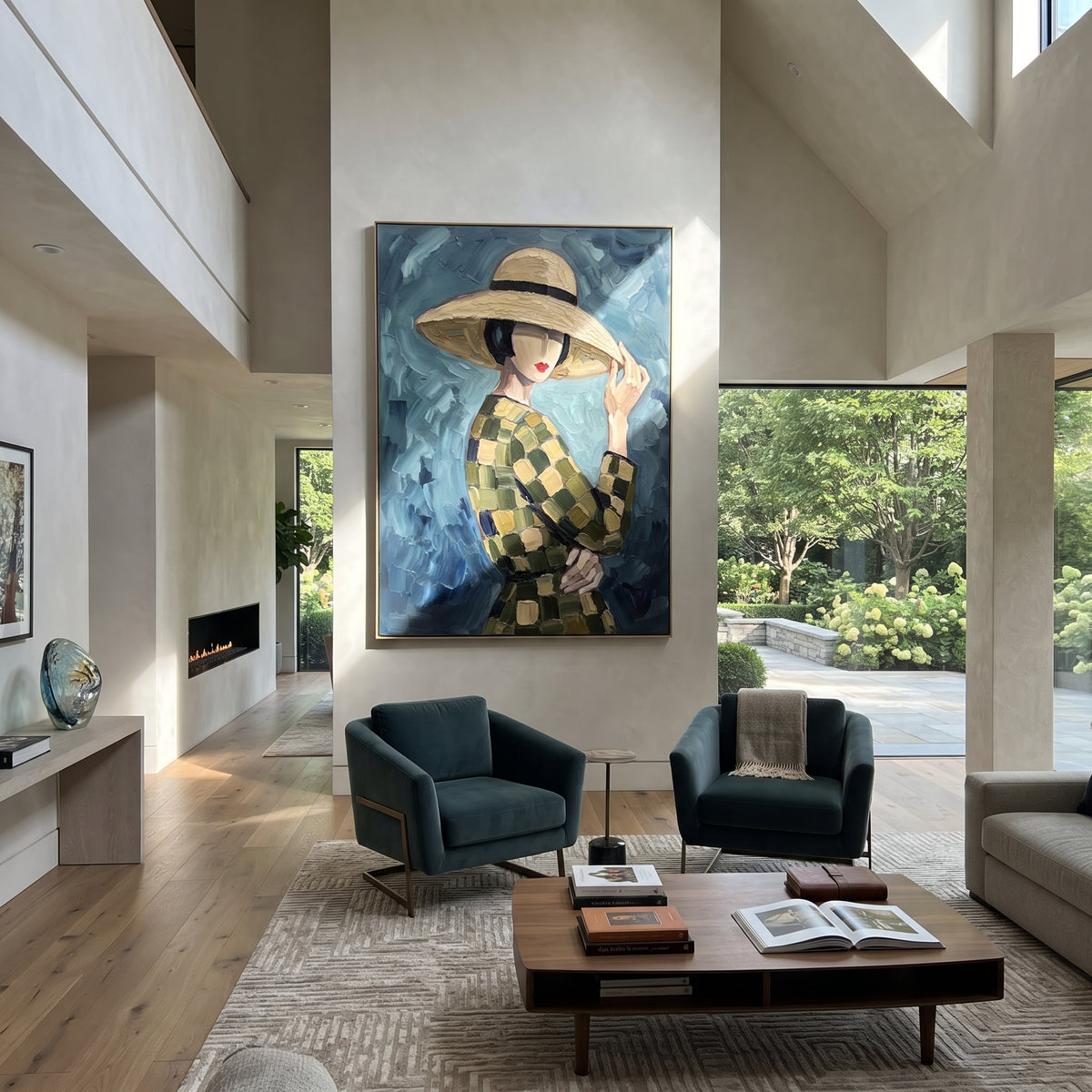 Argyle Brim Guards Blue displayed in a warm contemporary interior