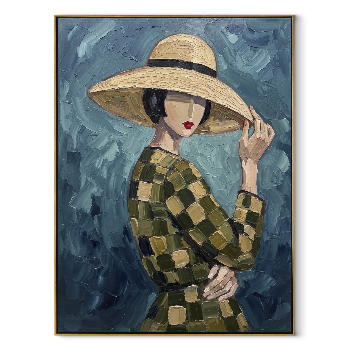 Argyle Brim Guards Blue textured figurative painting, vertical canvas artwork