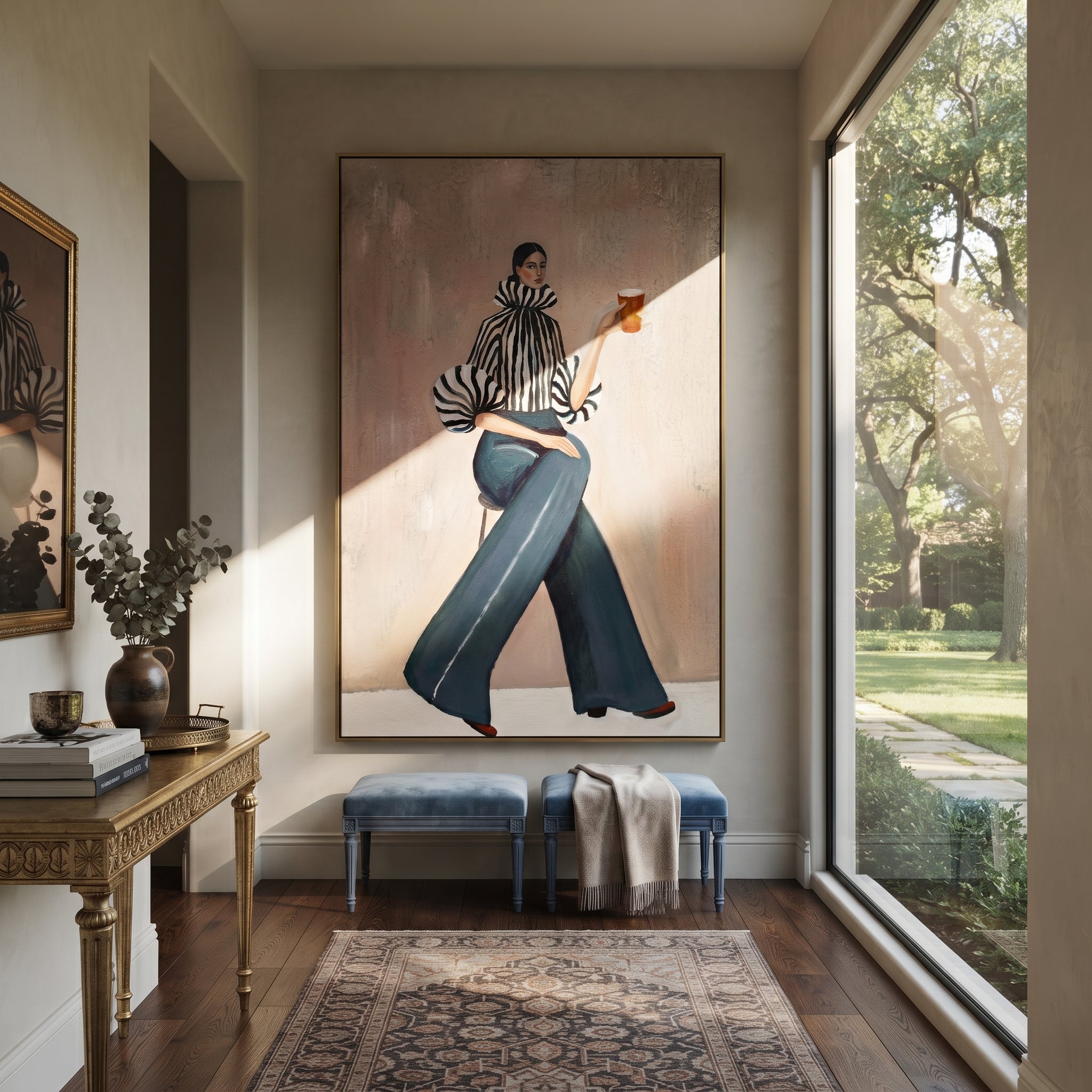 Long Trousers Hold Poise displayed in a warm contemporary interior