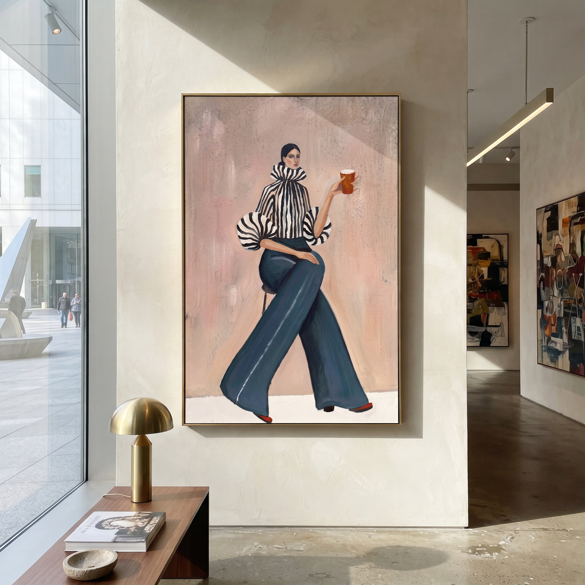 Long Trousers Hold Poise presented above a contemporary console