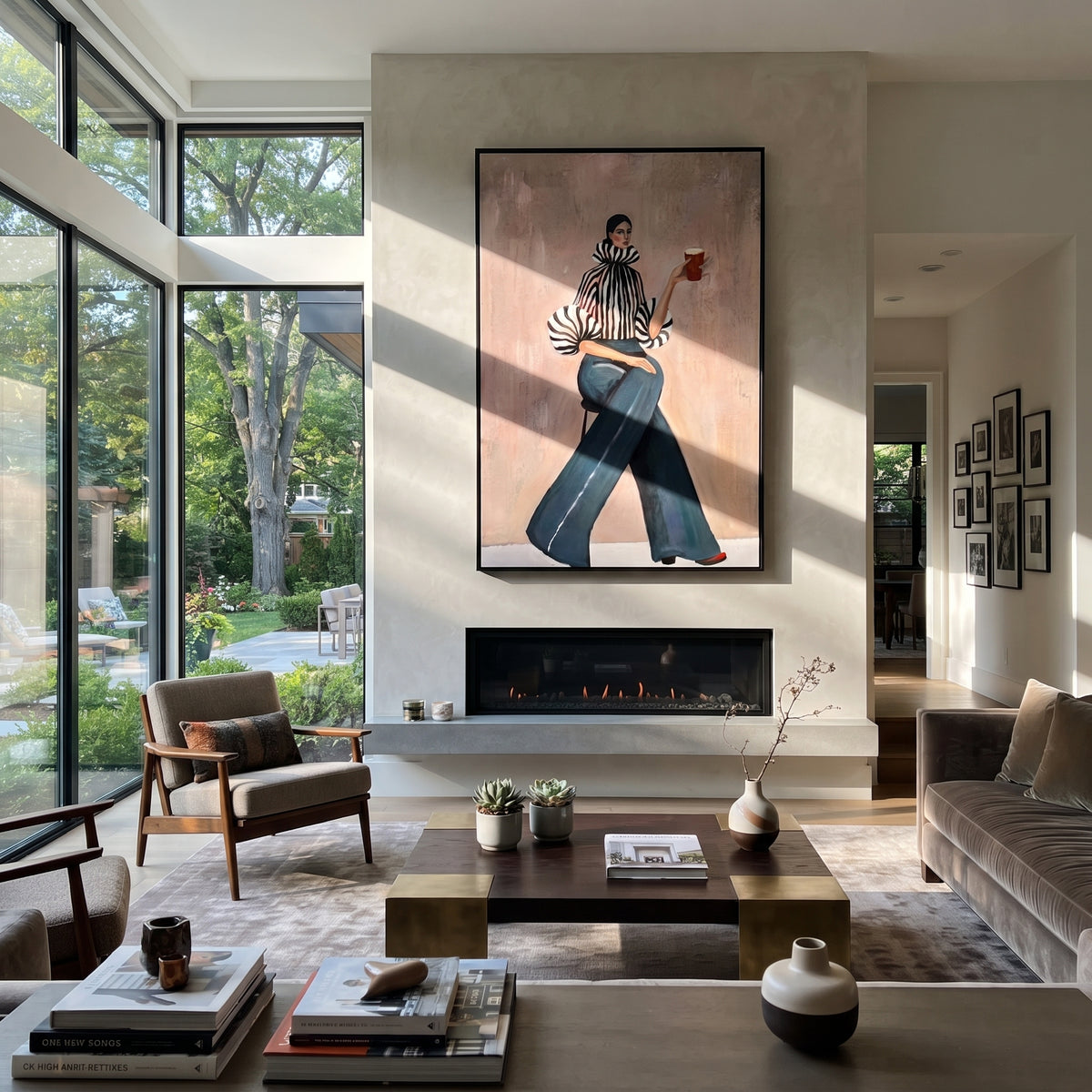 Long Trousers Hold Poise displayed as a Retro Modern room focal point