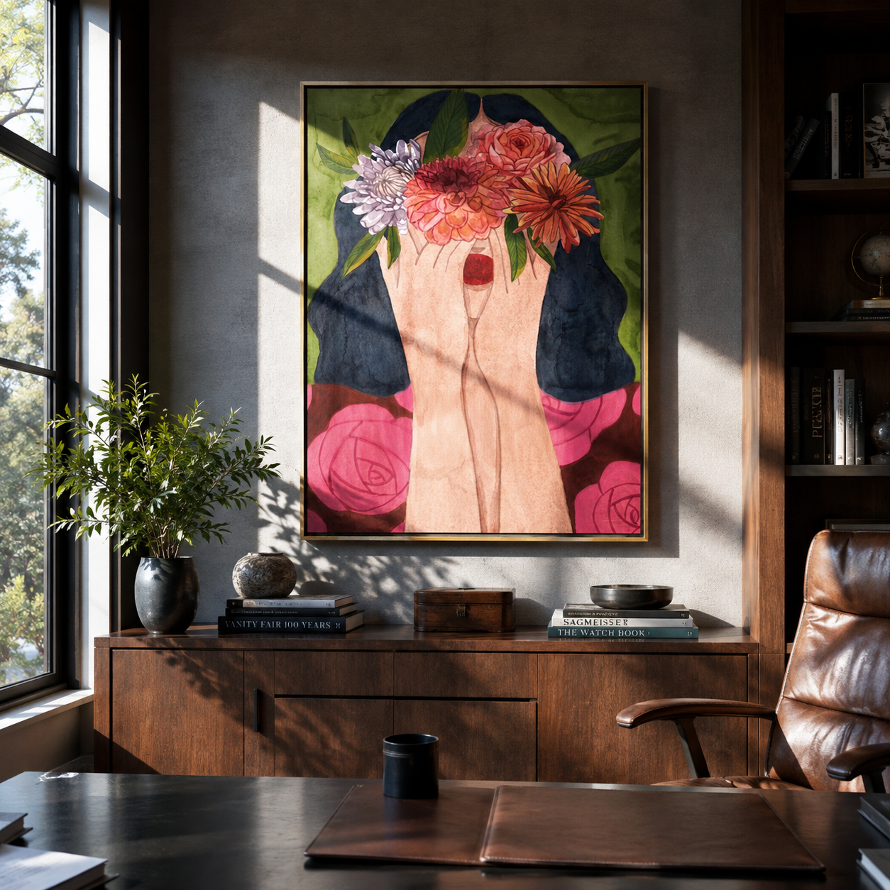 Flowers Become Her Face presented above a contemporary console