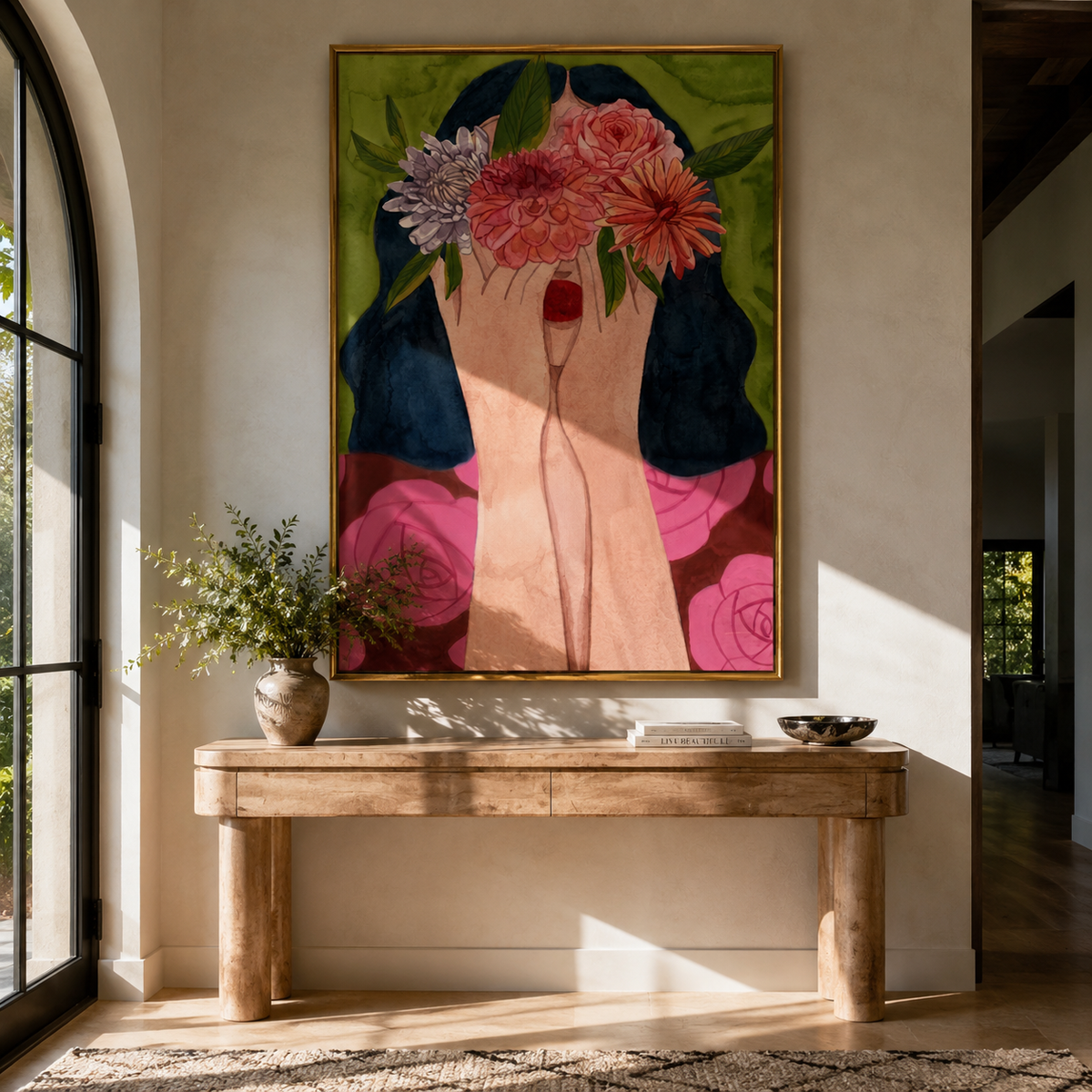 Flowers Become Her Face displayed as a Retro Modern room focal point
