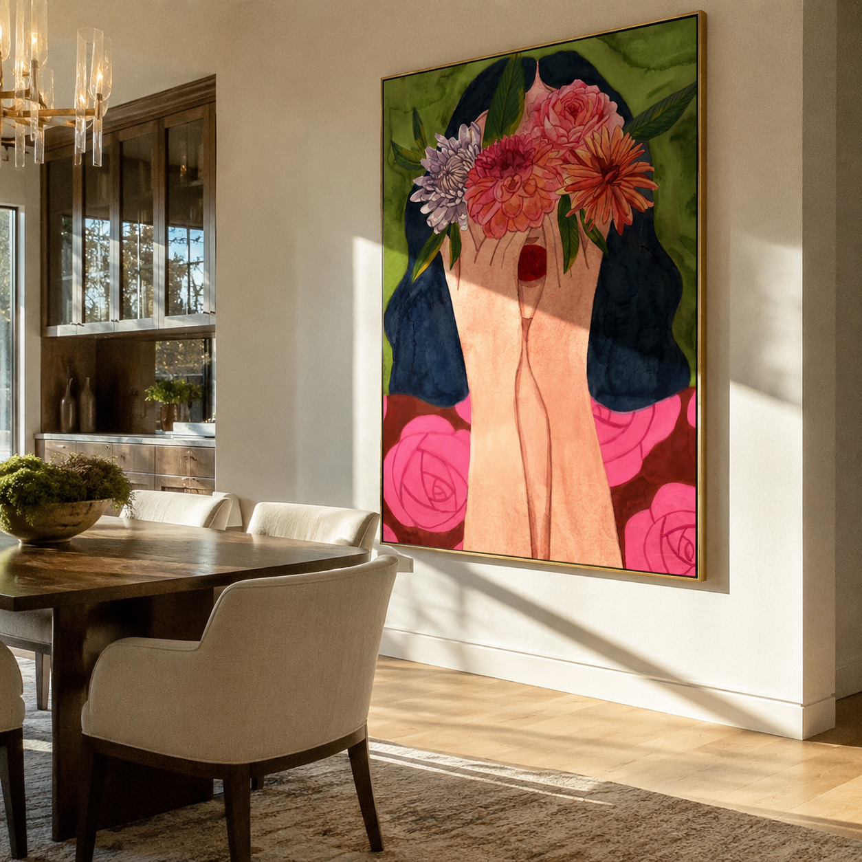 Flowers Become Her Face styled in a layered residential interior