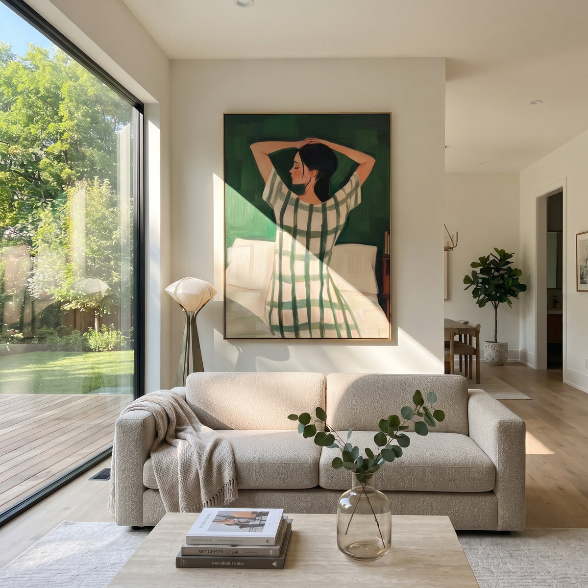 Green Dress Greets Morning displayed in a warm contemporary interior
