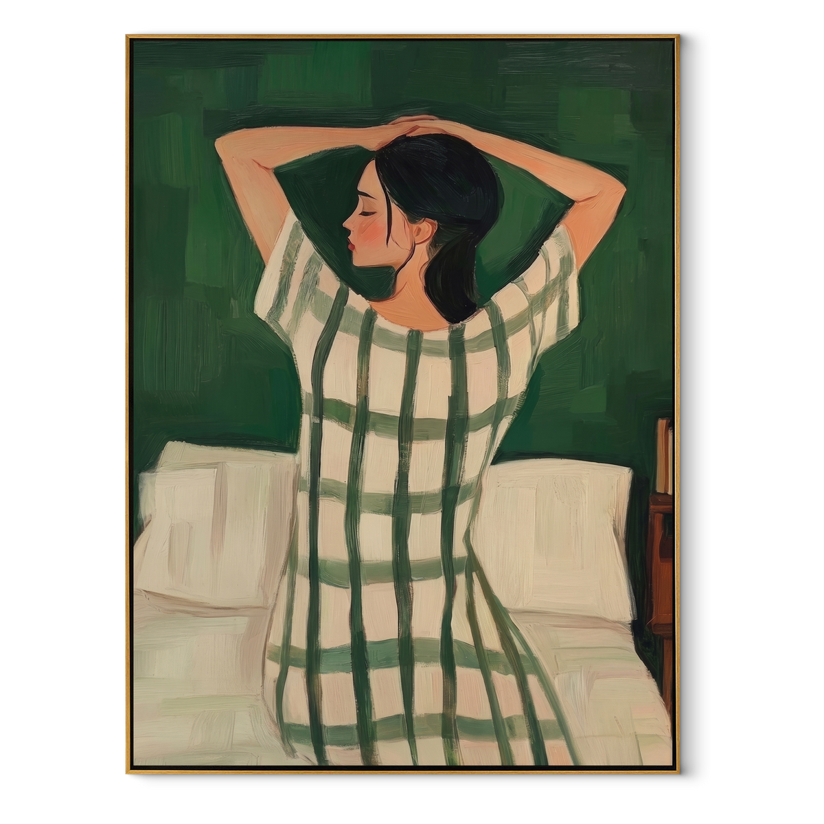 Green Dress Greets Morning textured figurative painting, vertical canvas artwork
