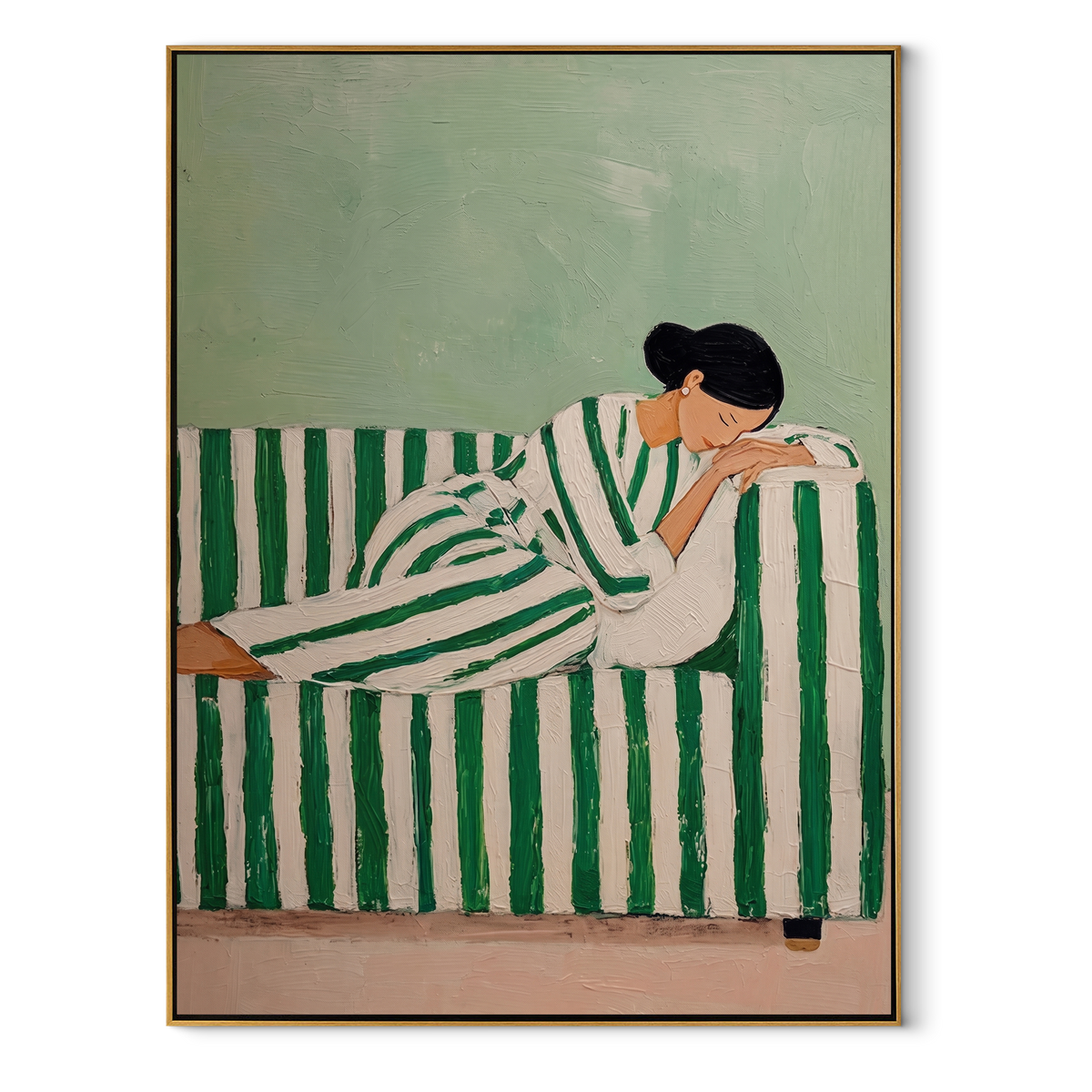 Stripes Cradle Quiet Reading textured figurative painting, vertical canvas artwork