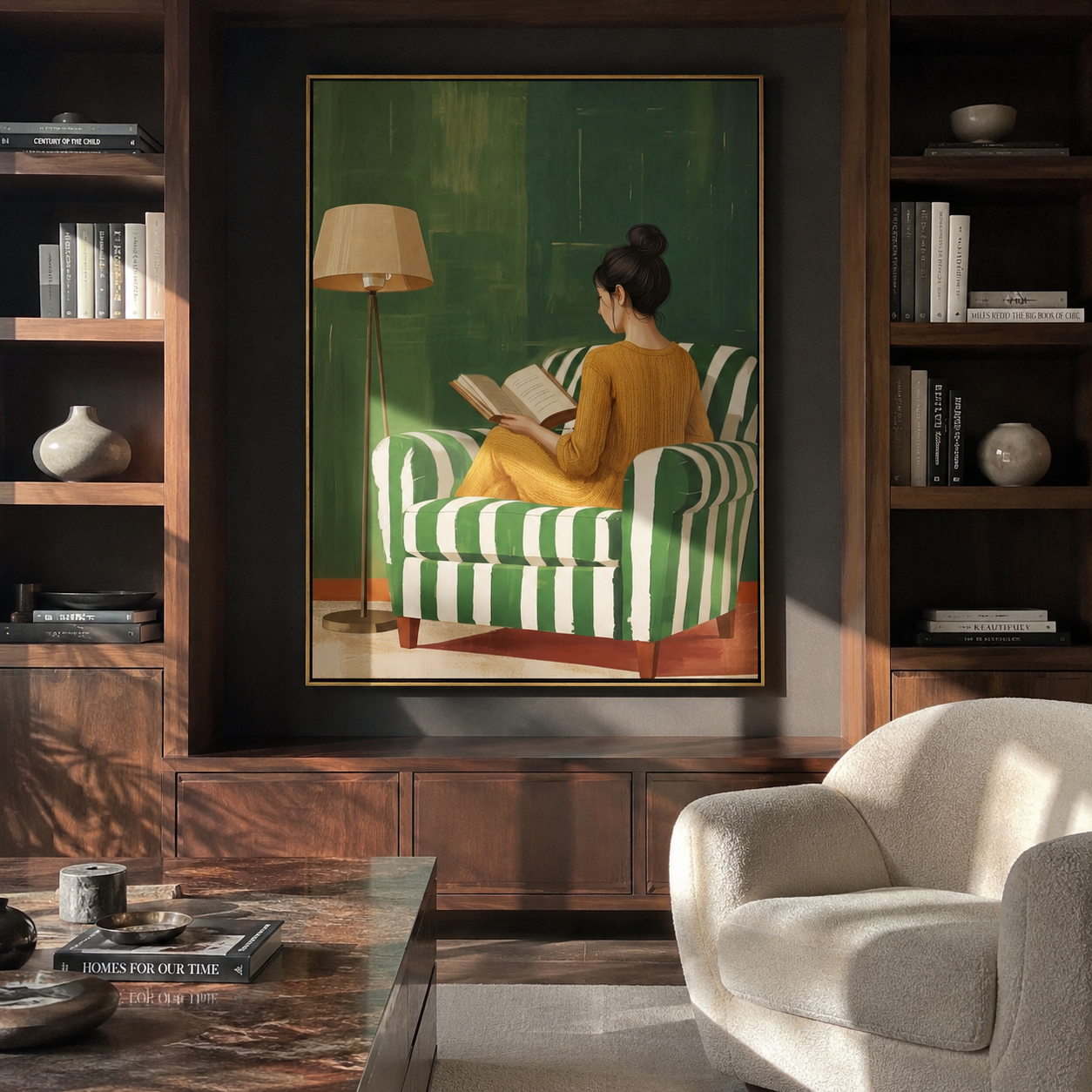 Pages Rest Against Green displayed as a Retro Modern room focal point