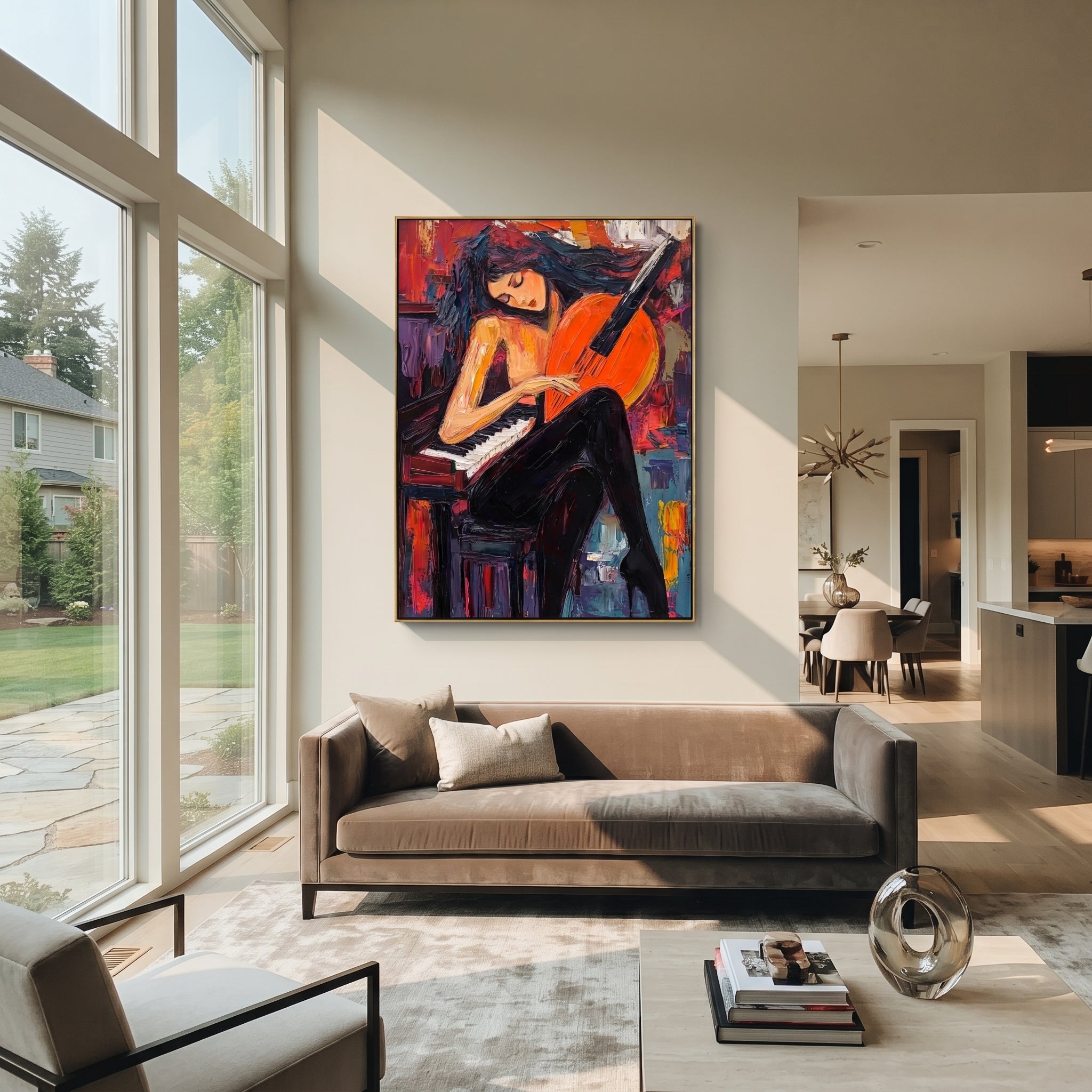 Cello Leans Into Piano displayed in a warm contemporary interior