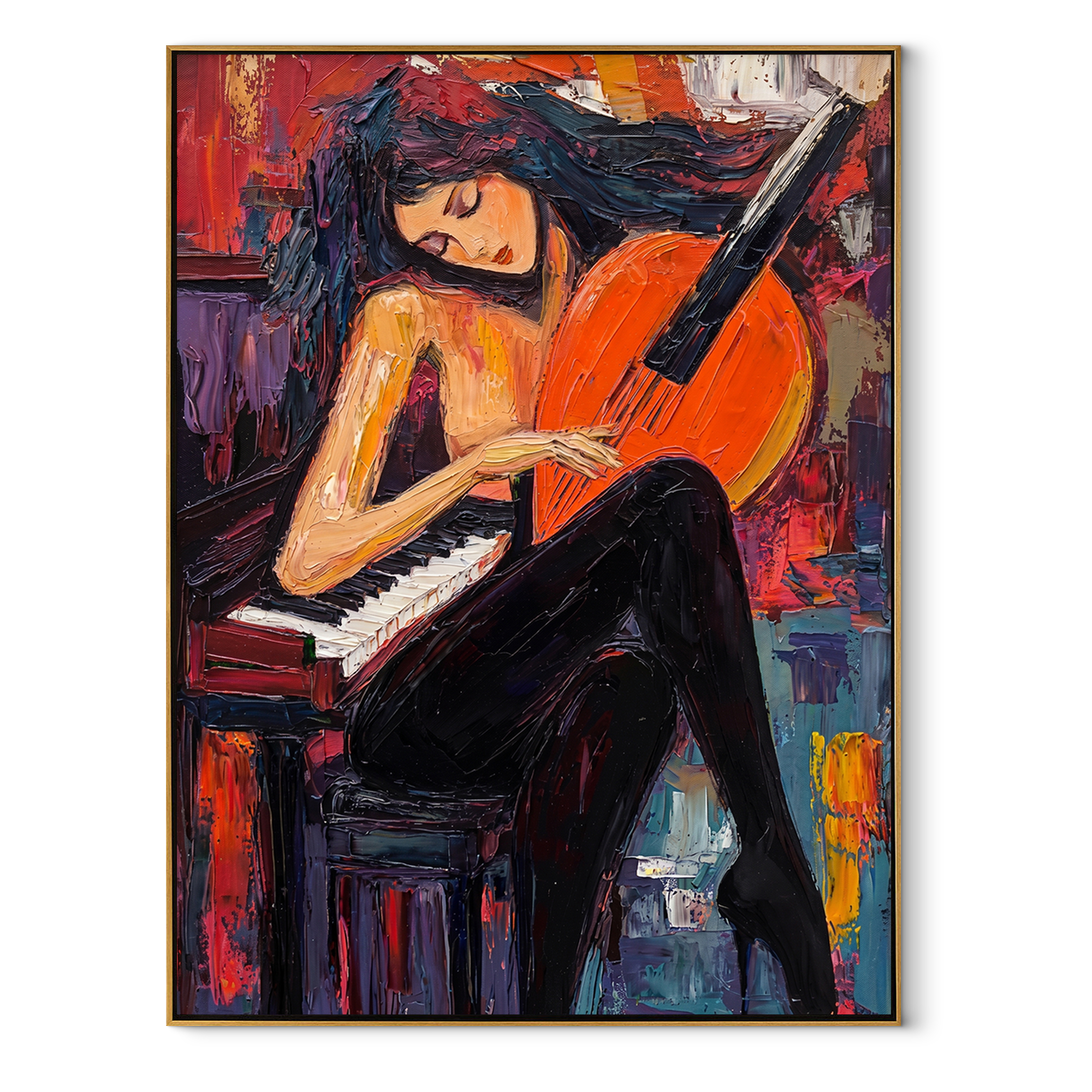 Cello Leans Into Piano textured figurative painting, vertical canvas artwork