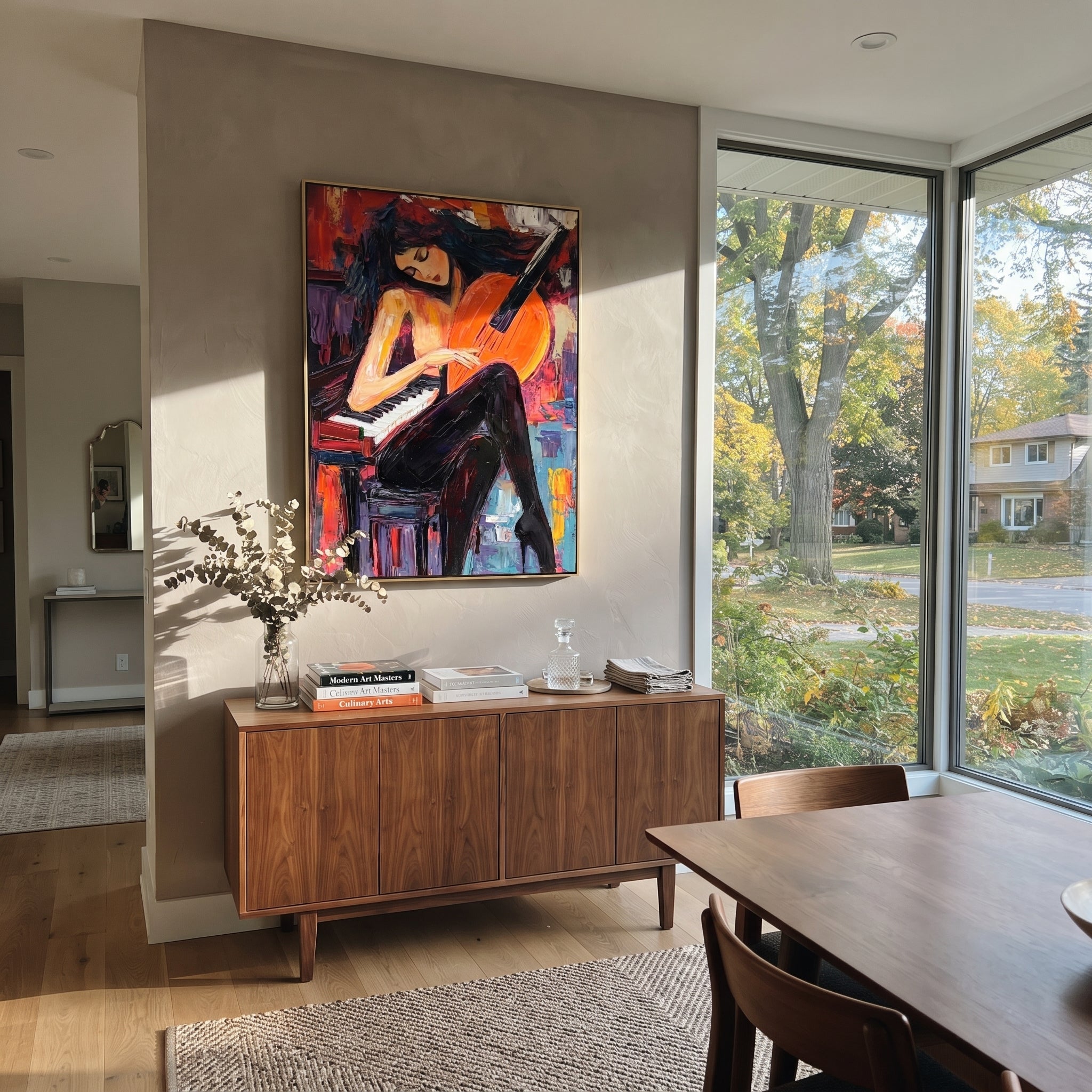 Cello Leans Into Piano presented above a contemporary console