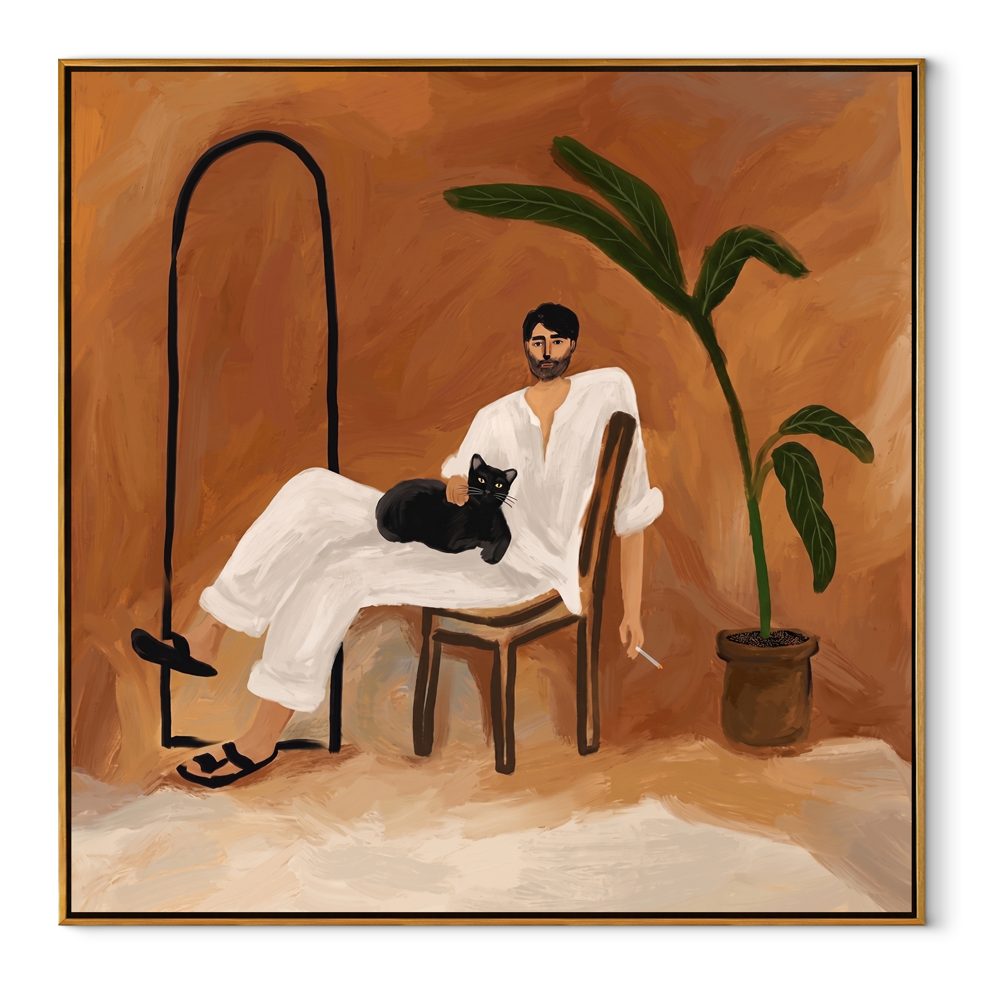 Black Arch Shelters Thought textured figurative painting, square canvas artwork