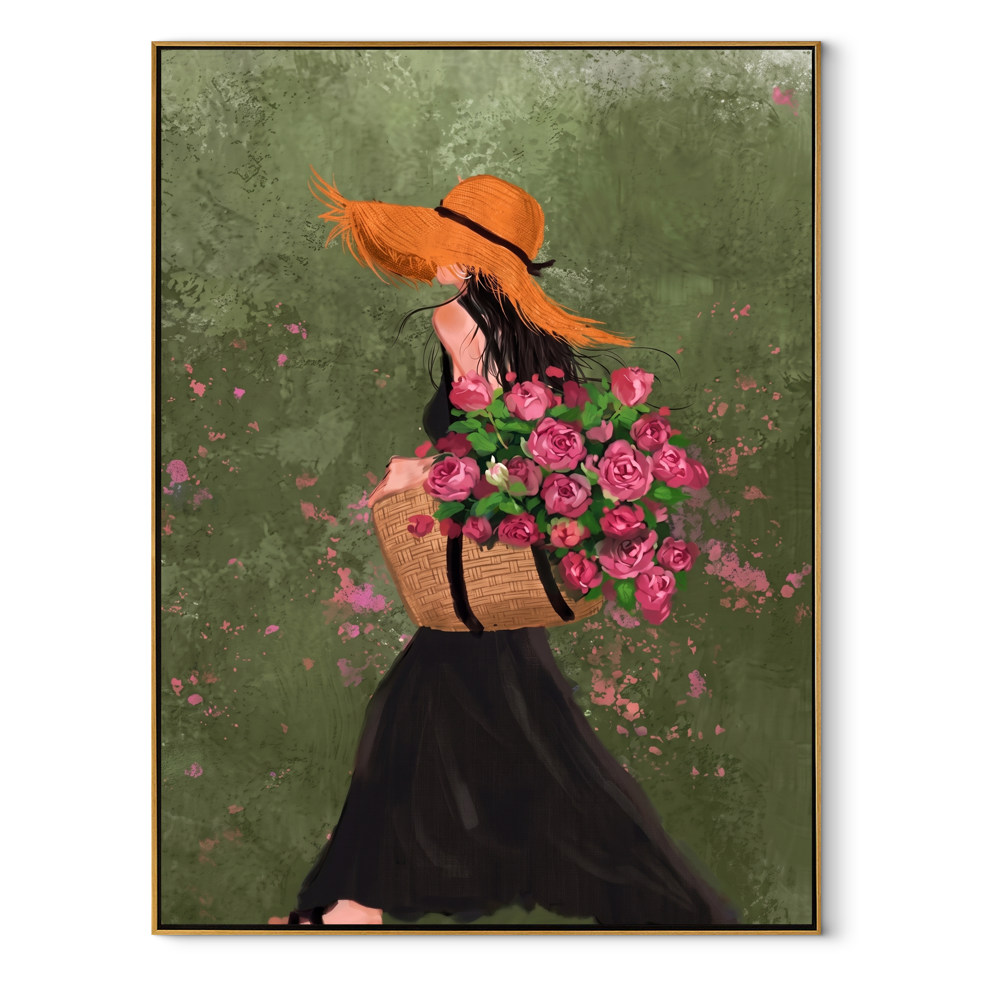 Flowers Follow Black Evening textured figurative painting, vertical canvas artwork