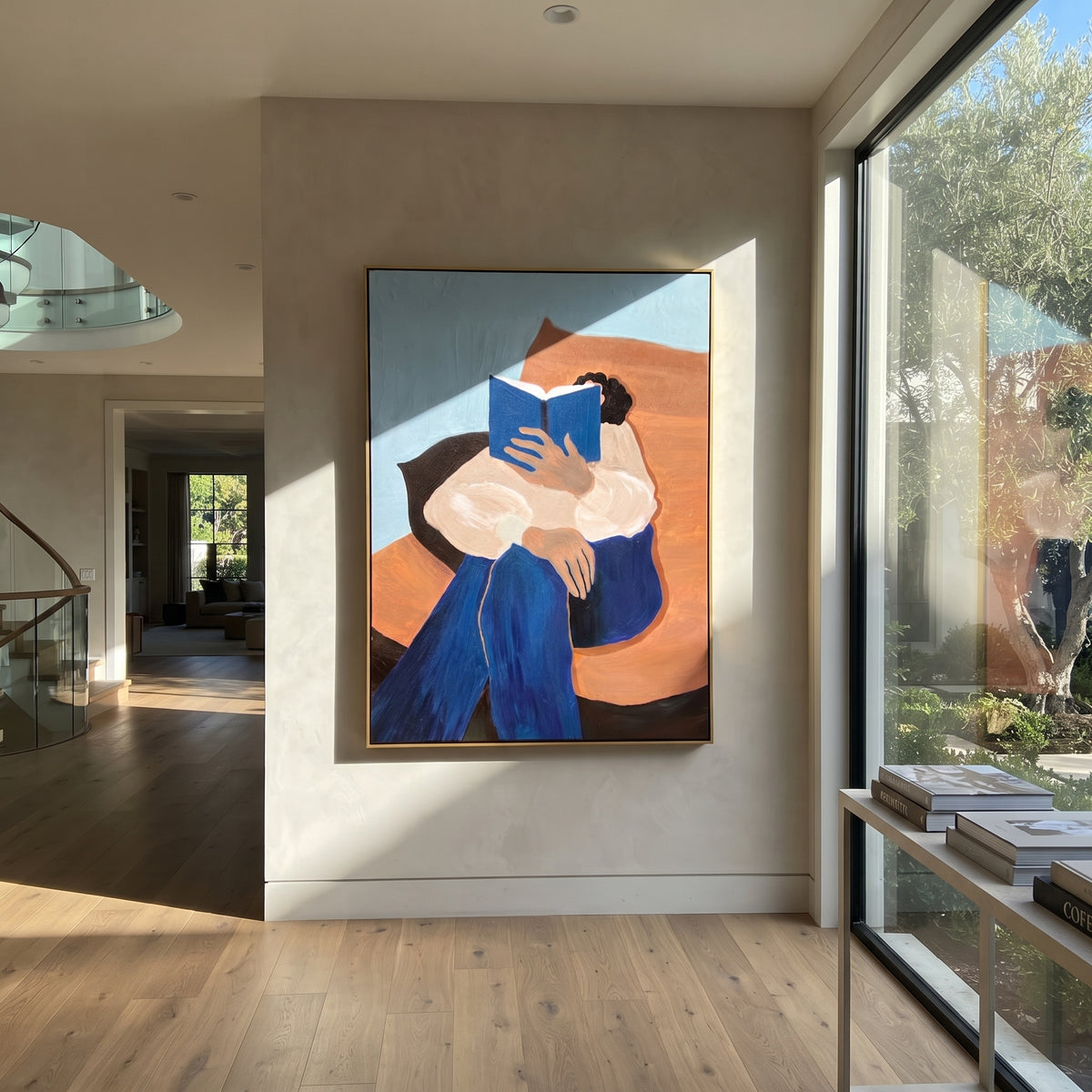Blue Cushions Gather Her displayed in a warm contemporary interior