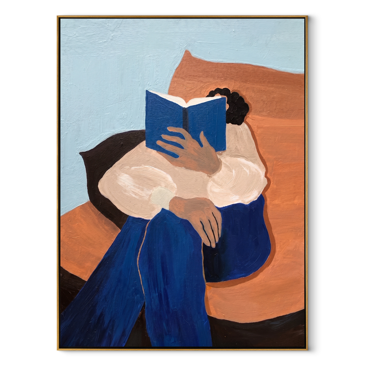 Blue Cushions Gather Her textured figurative painting, vertical canvas artwork