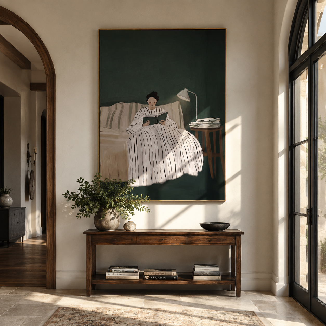 Green Night Holds White styled with neutral modern furnishings
