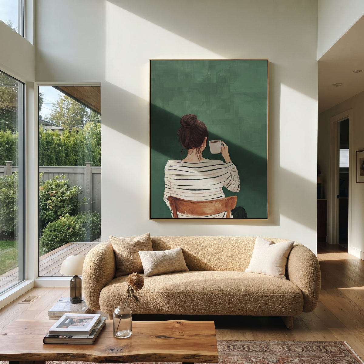 Coffee Faces Green Morning styled with neutral modern furnishings