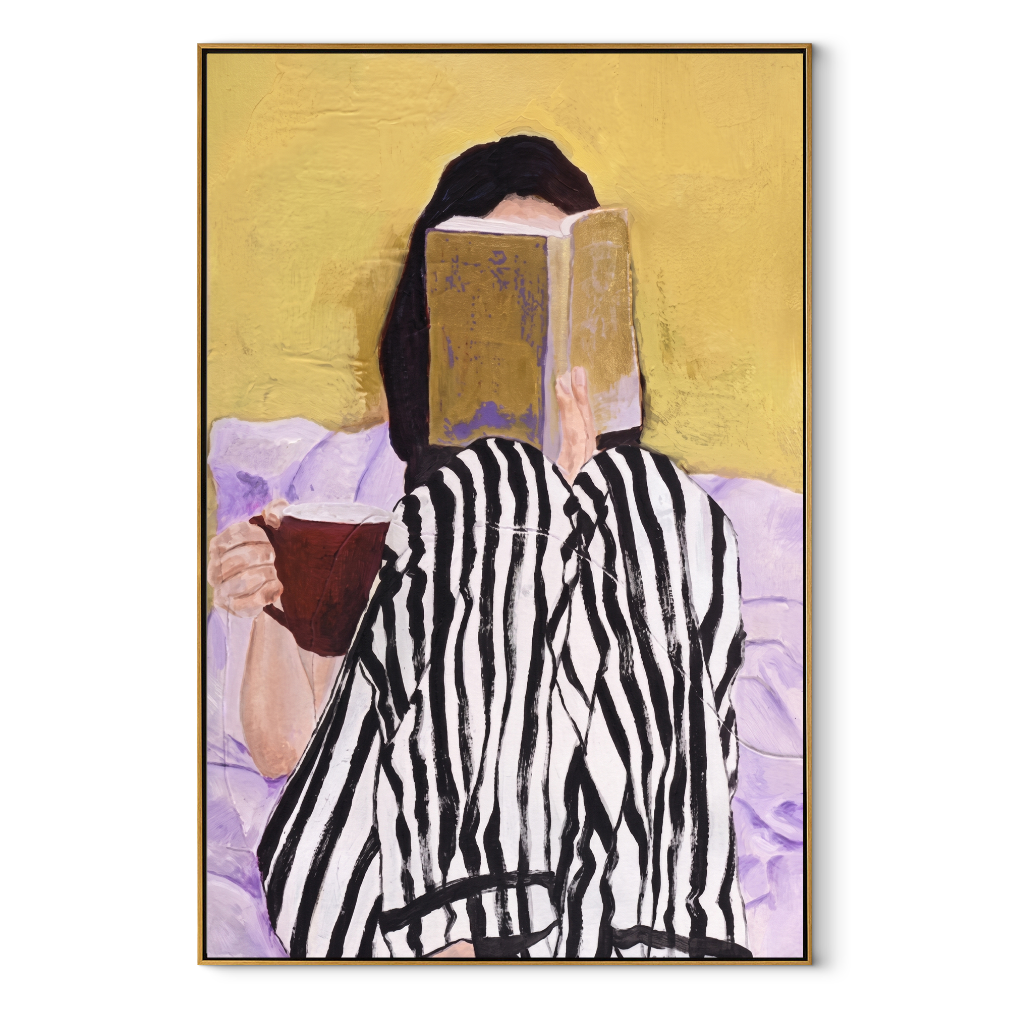Stripes Turn Toward Mustard textured figurative painting, vertical canvas artwork