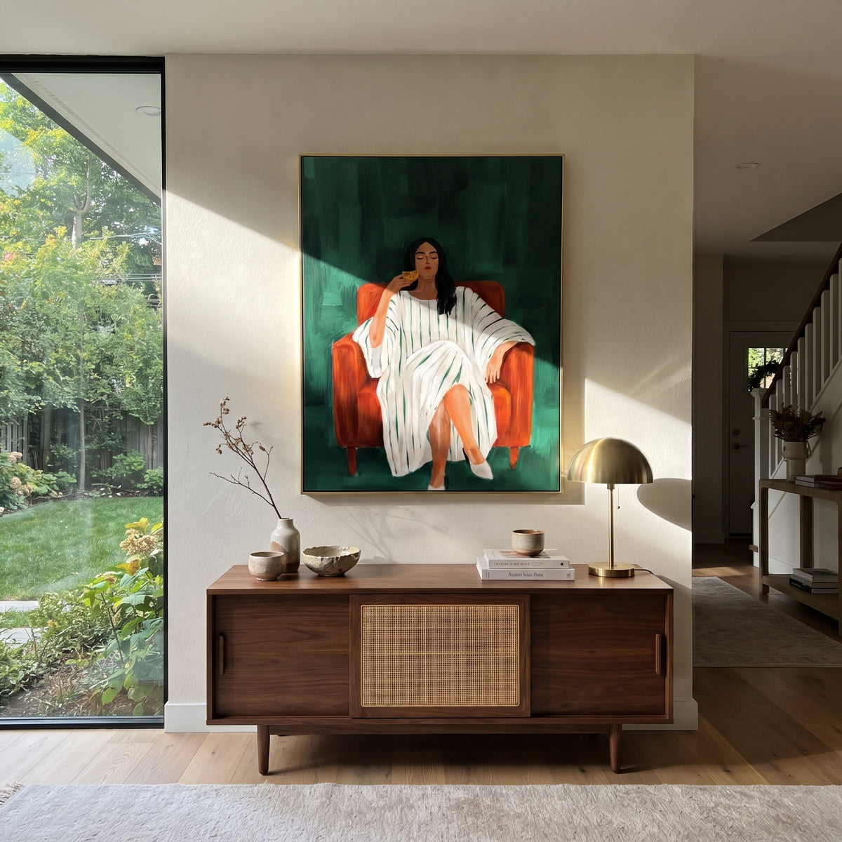 Orange Scarf Holds Calm displayed as a Retro Modern room focal point