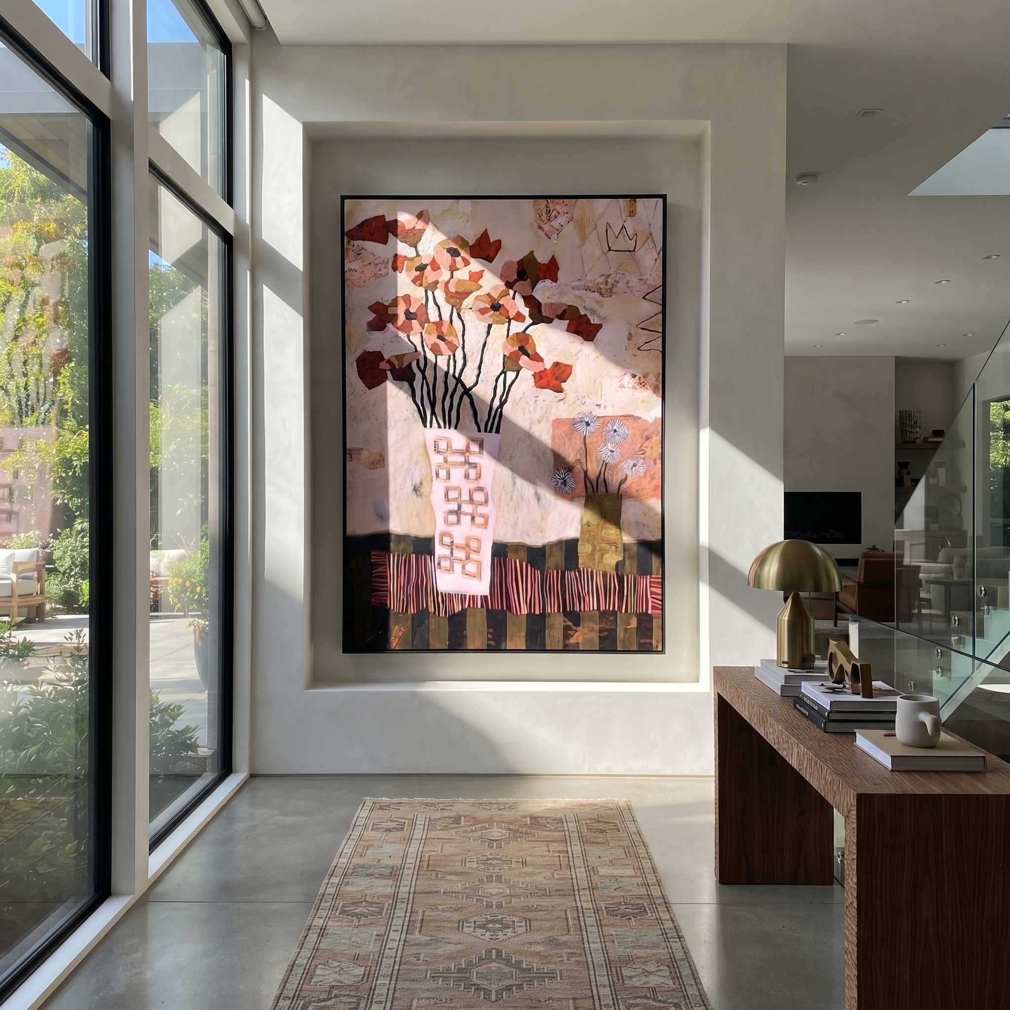 Orange Blossoms Fill Blocks presented above a contemporary console
