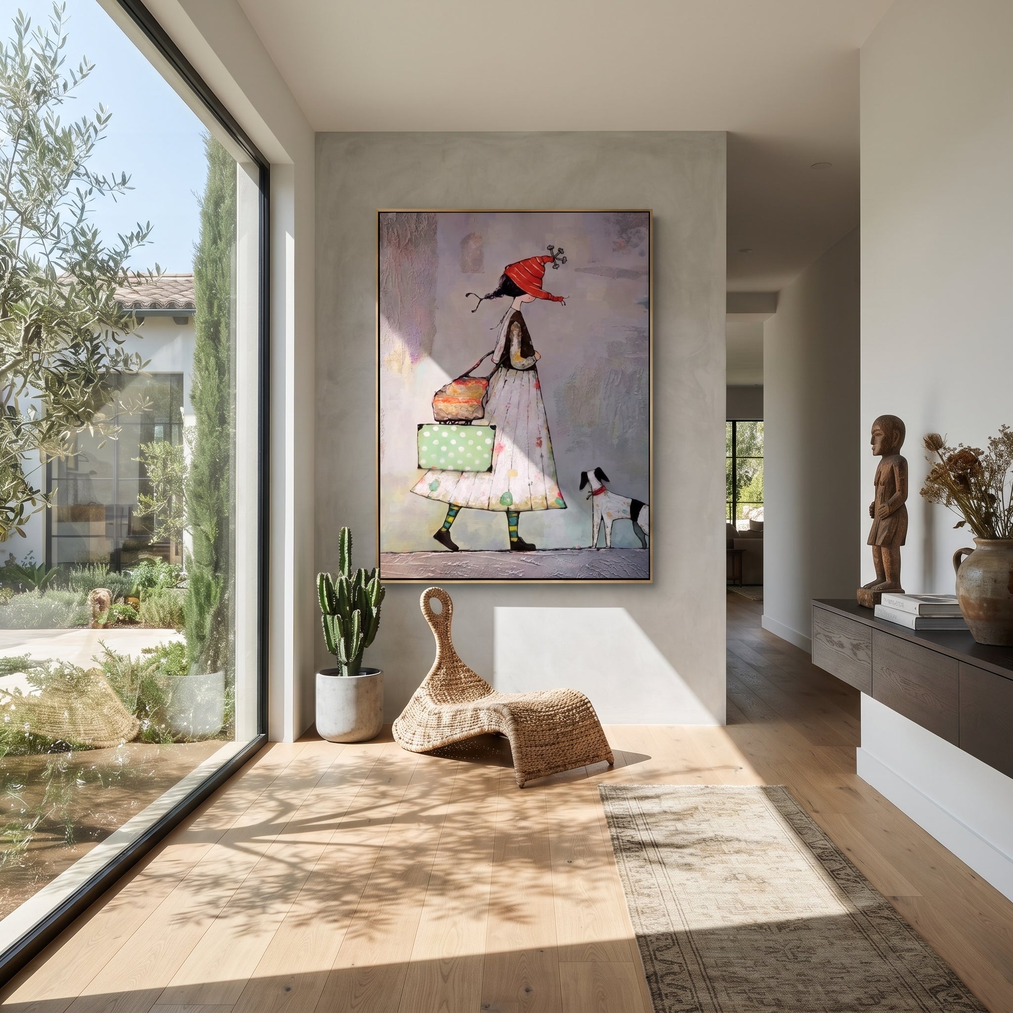 Red Hat Crosses Lavender displayed in a warm contemporary interior