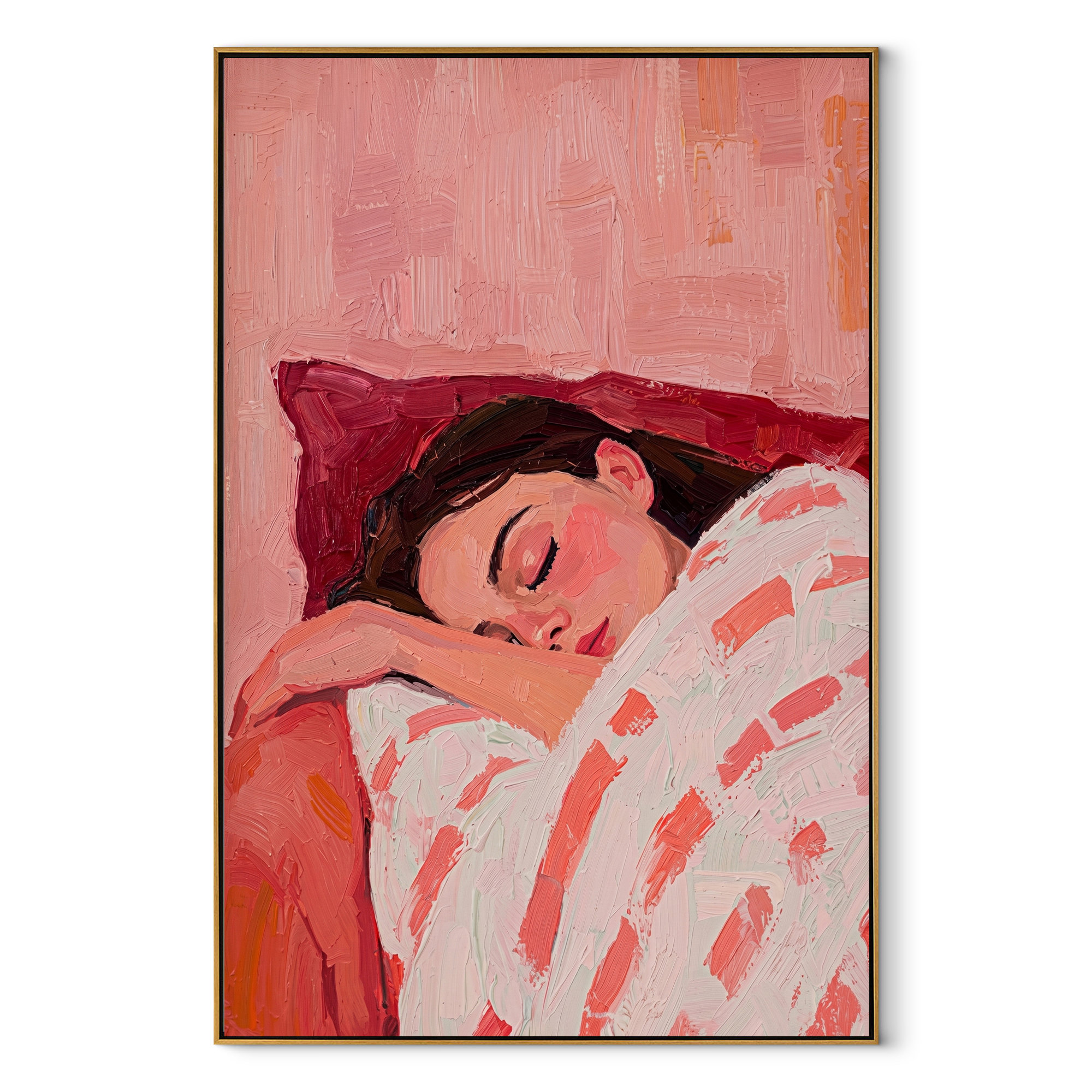 Striped Sleeves Hold Sleep textured figurative painting, vertical canvas artwork