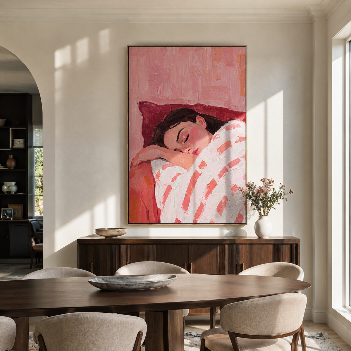 Striped Sleeves Hold Sleep styled with neutral modern furnishings