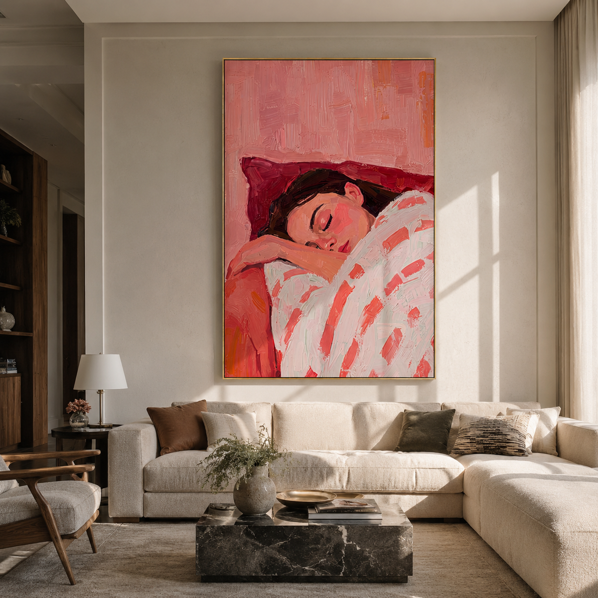 Striped Sleeves Hold Sleep styled in a layered residential interior