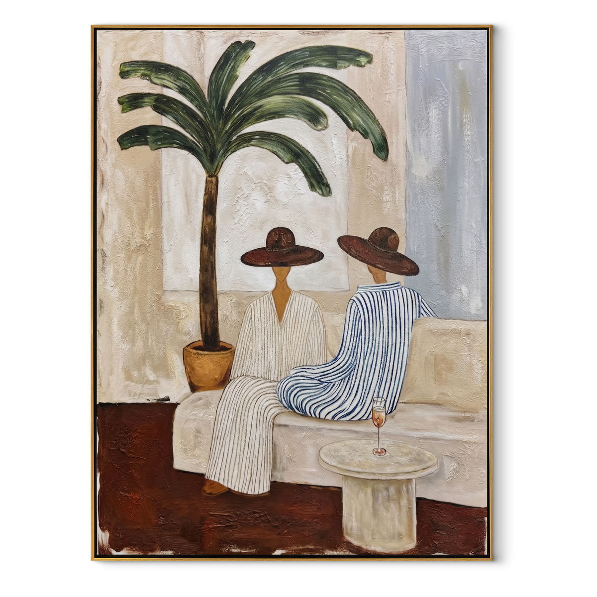 Palm Shadows Frame Supper textured figurative painting, vertical canvas artwork