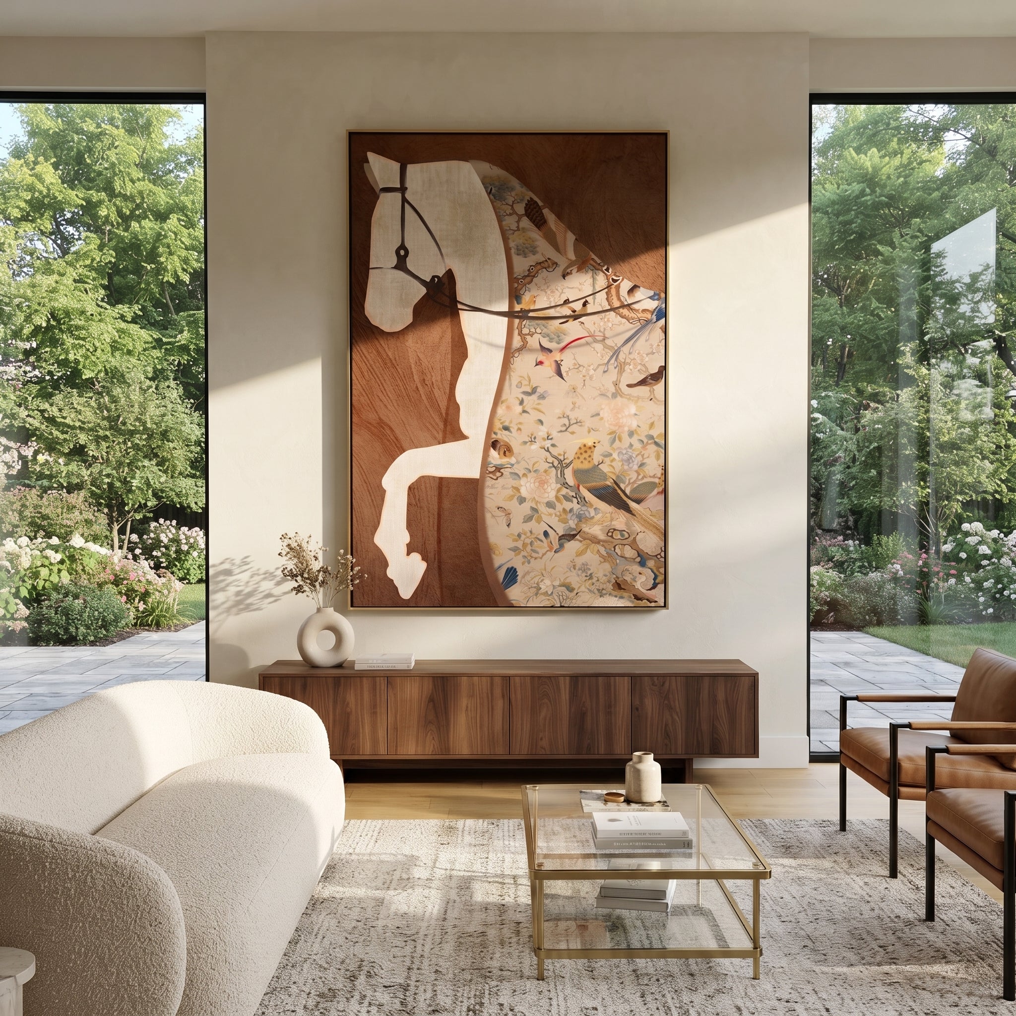 Rider Fragments Into Earth displayed in a warm contemporary interior
