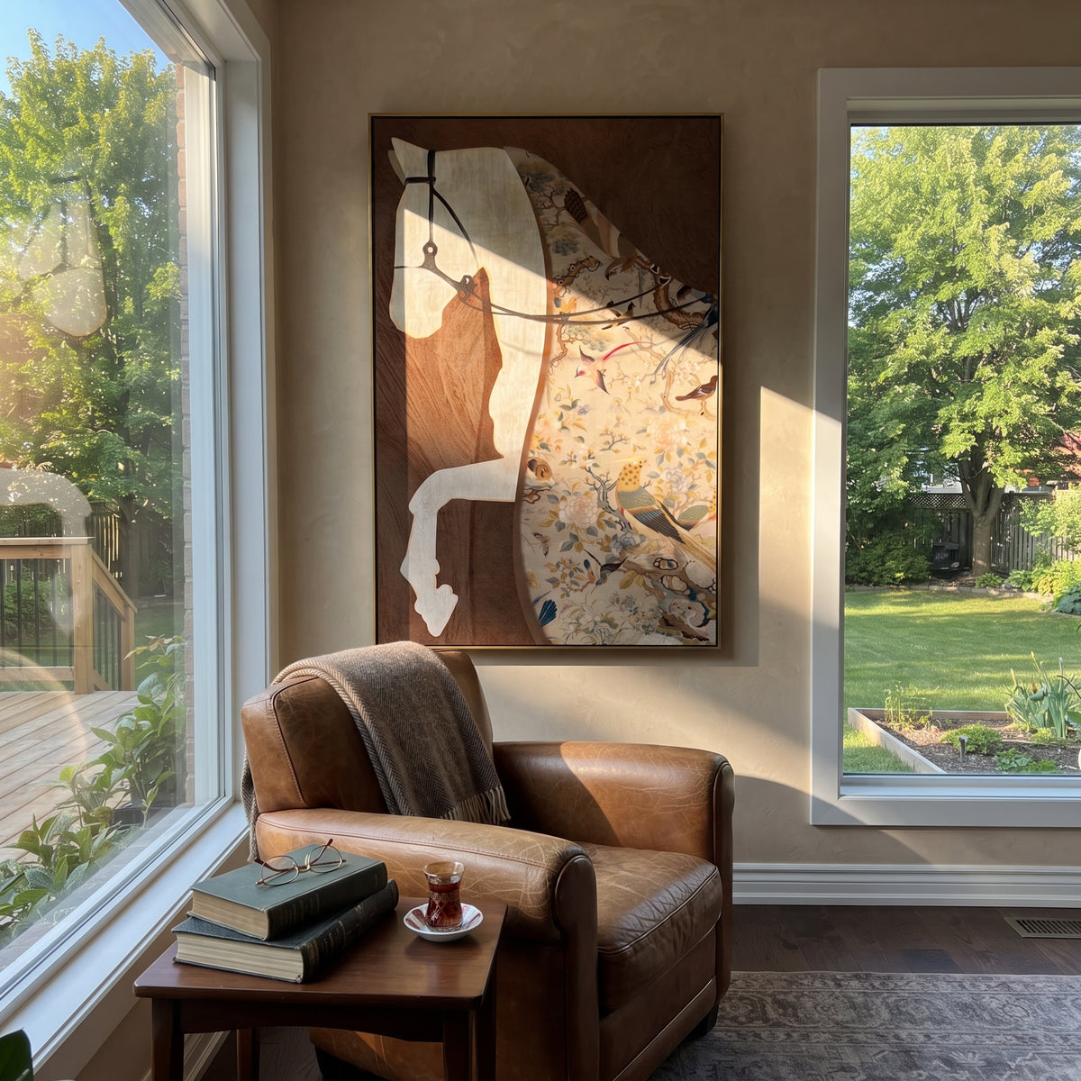 Rider Fragments Into Earth styled in a layered residential interior