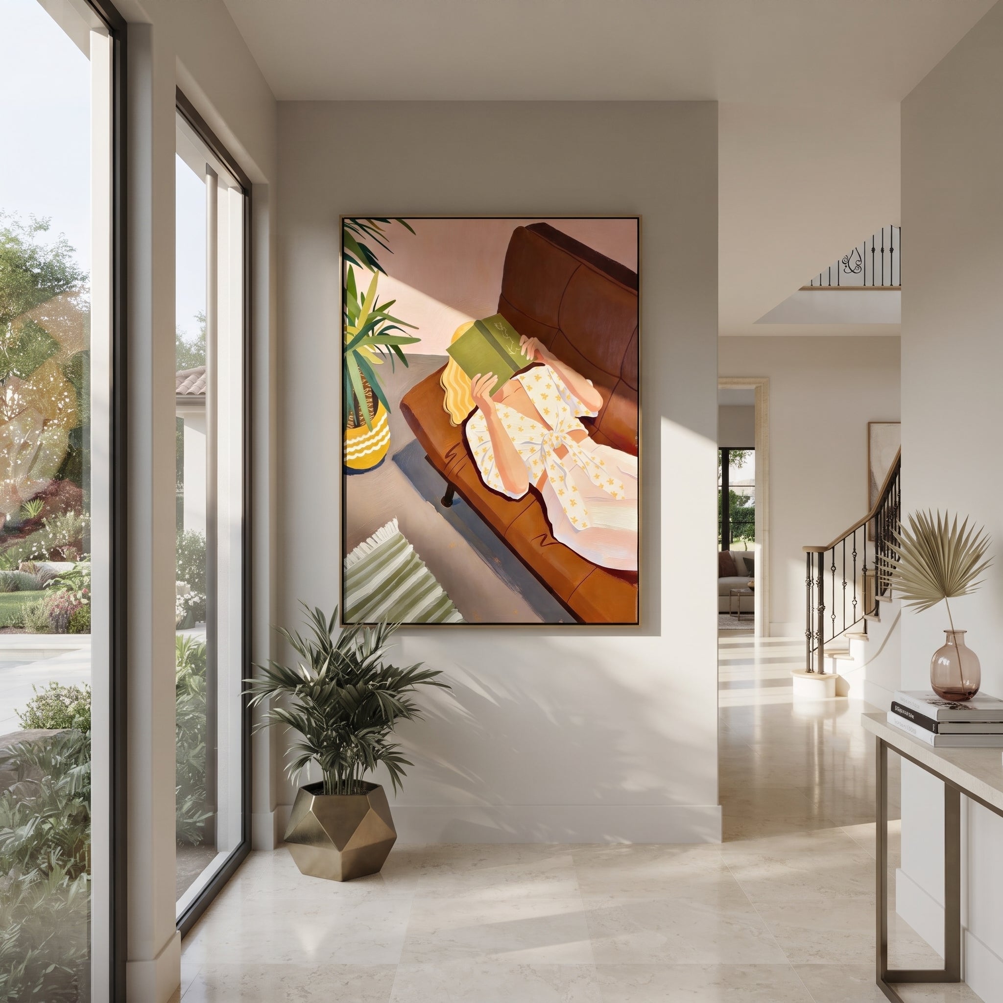 Green Reader Holds Geometry styled in a layered residential interior