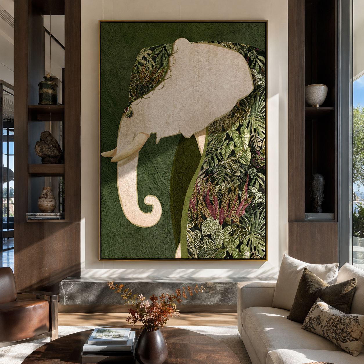 Botanical Elephant Keeps Watch displayed in a warm contemporary interior