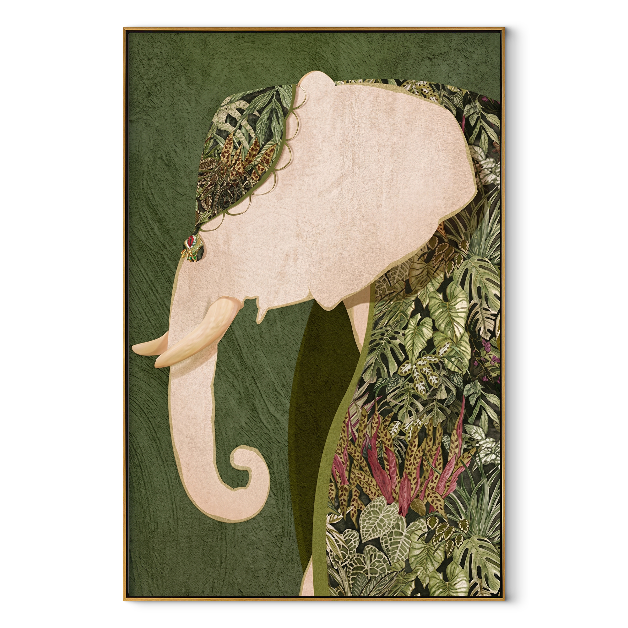 Botanical Elephant Keeps Watch textured figurative painting, vertical canvas artwork