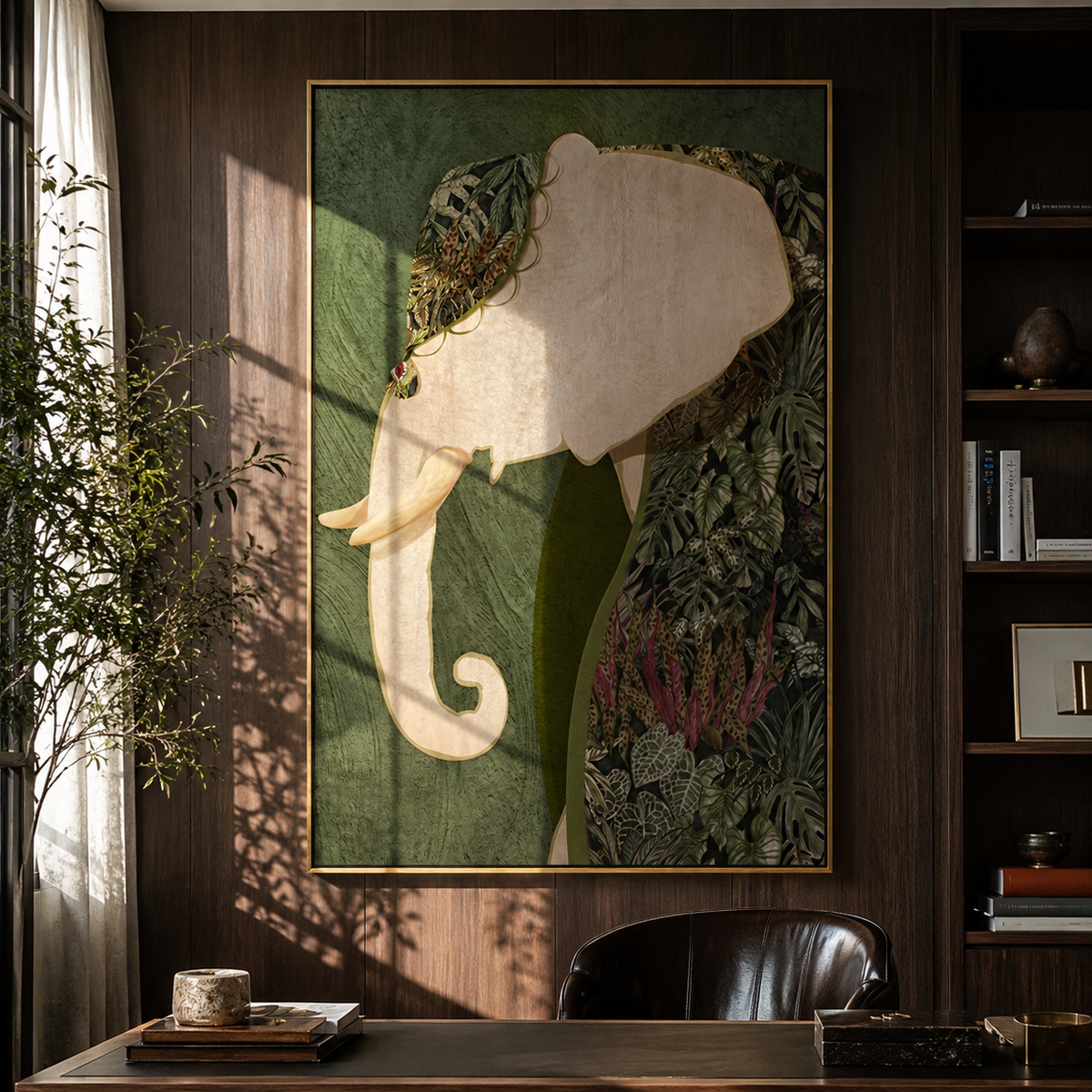 Botanical Elephant Keeps Watch styled with neutral modern furnishings