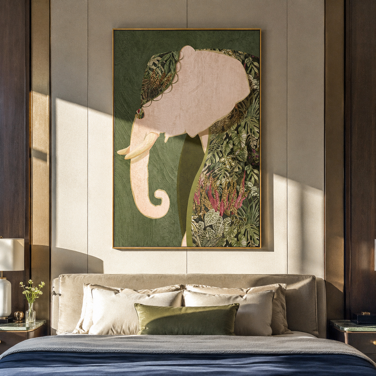 Botanical Elephant Keeps Watch presented above a contemporary console