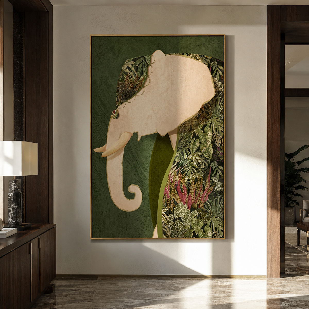 Botanical Elephant Keeps Watch displayed as a Retro Modern room focal point