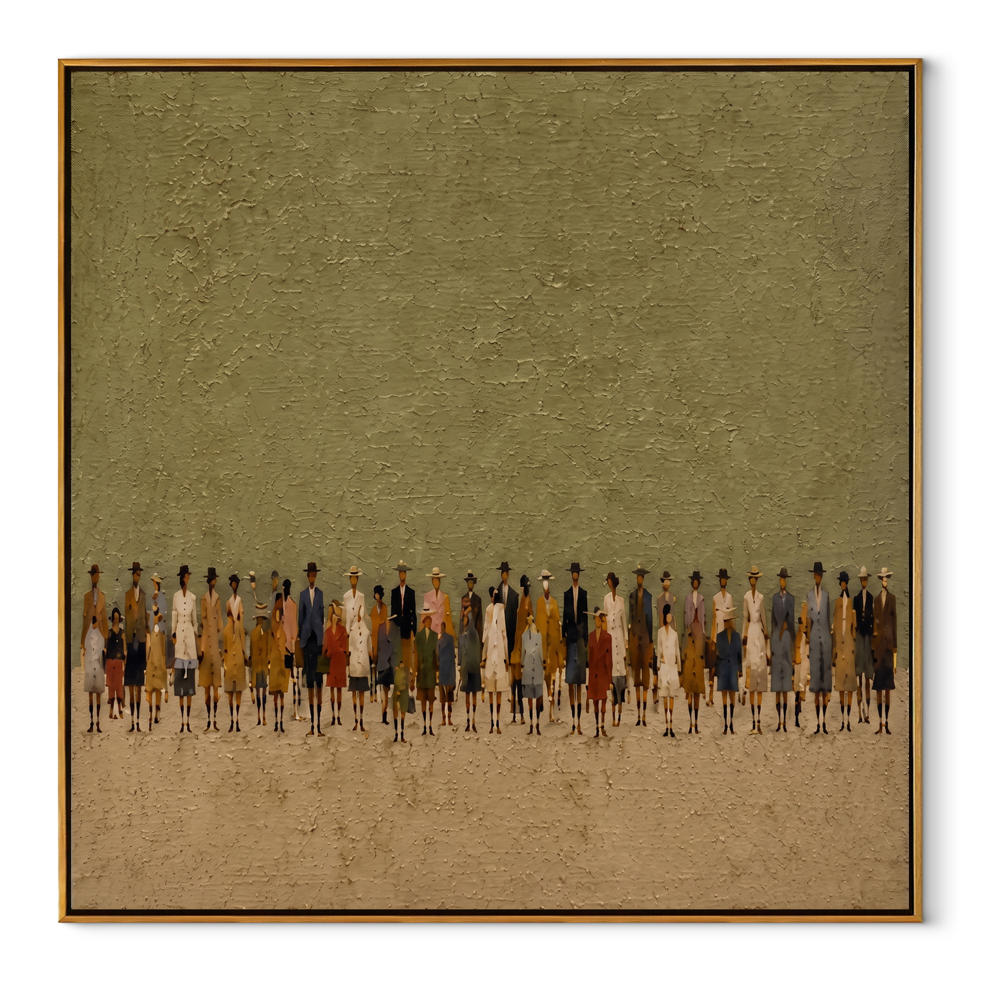 Small Figures Meet Horizon textured figurative painting, square canvas artwork