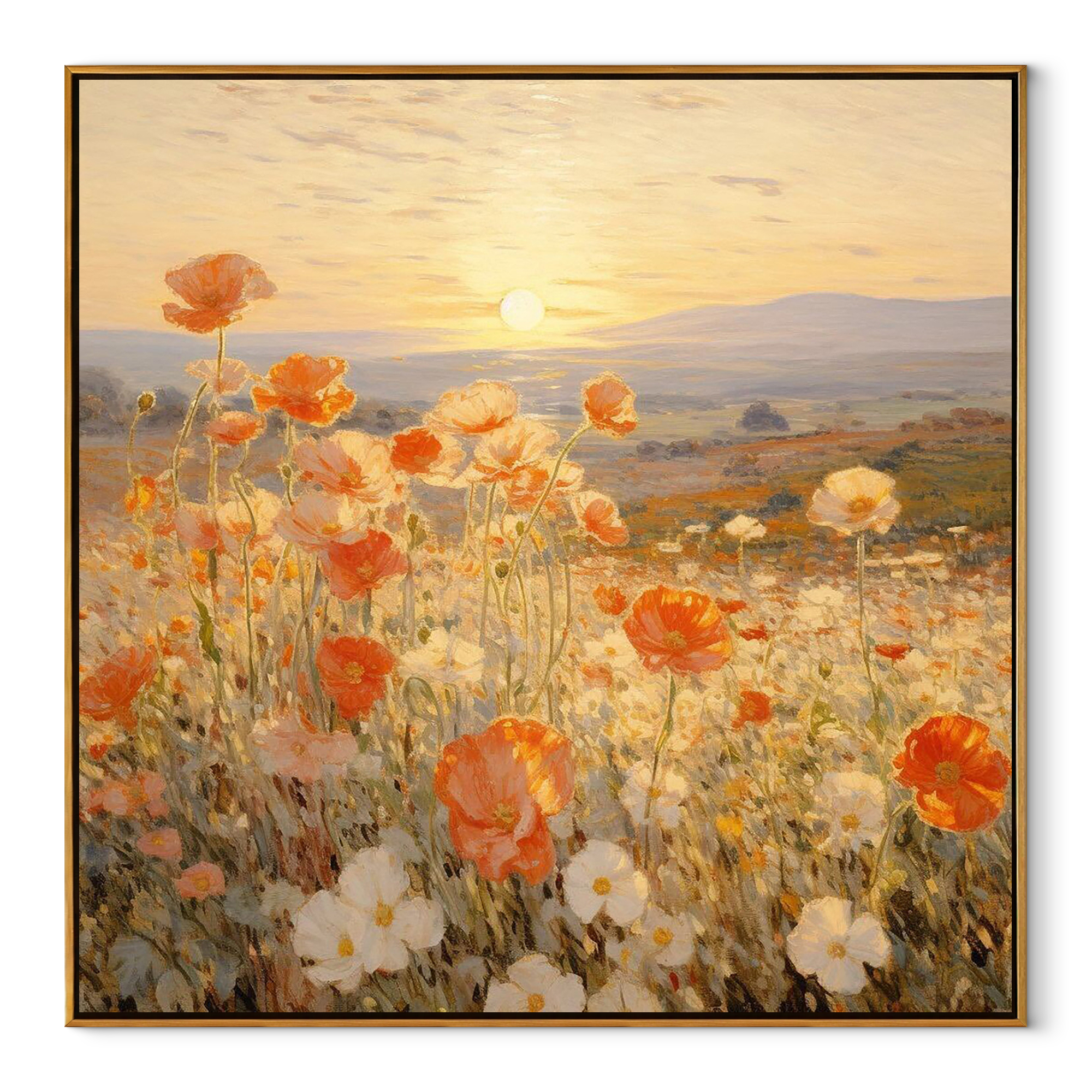 Orange Flowers Mark Distance textured figurative painting, square canvas artwork