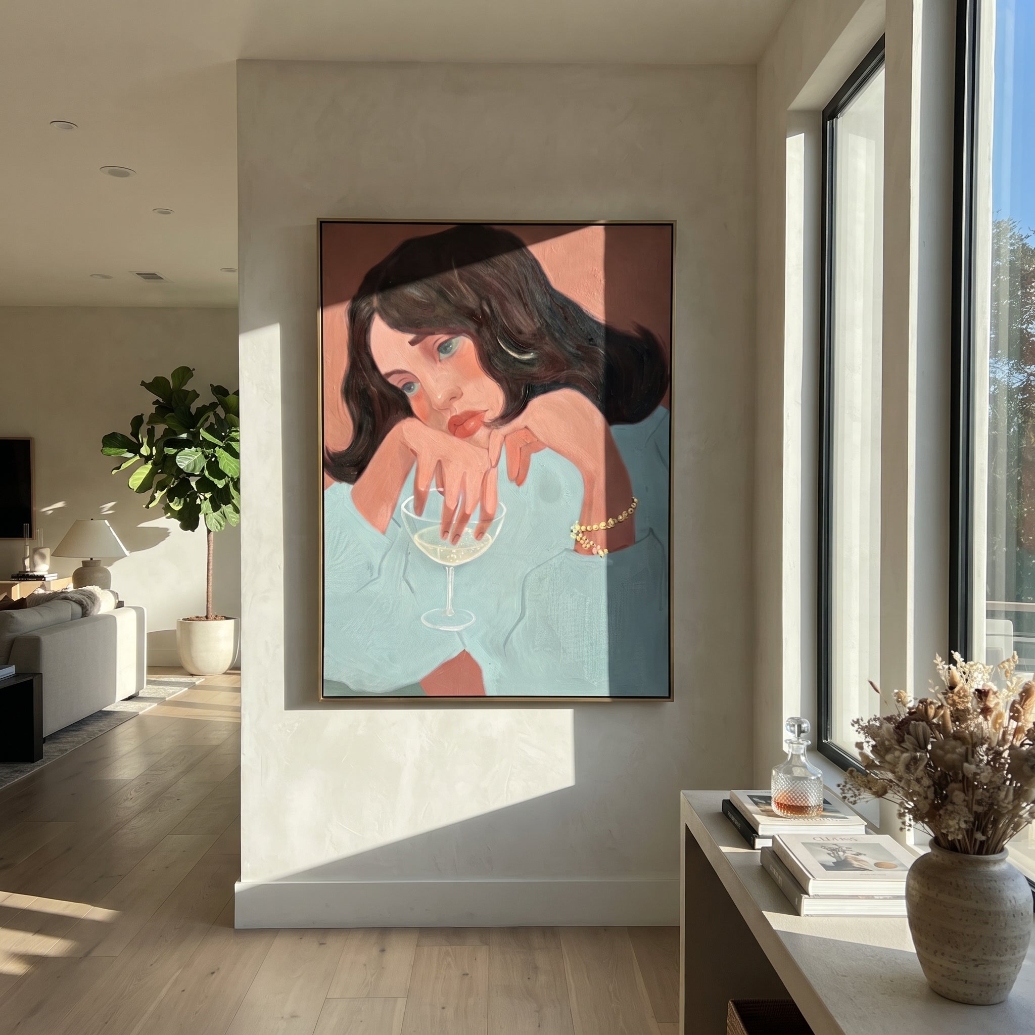 Teal Sleeve Holds Thought displayed in a warm contemporary interior