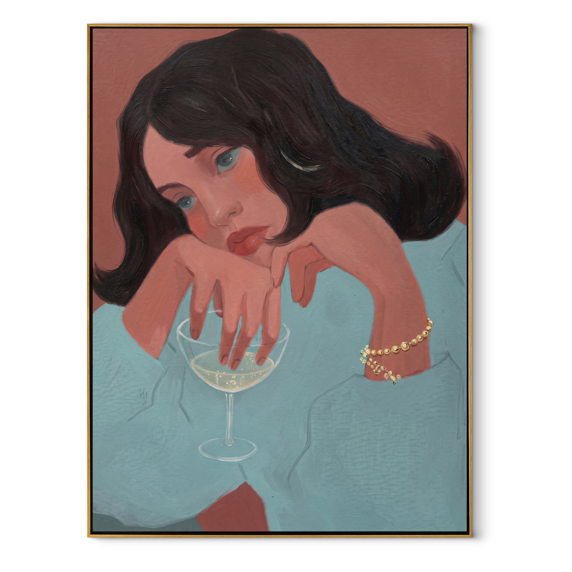 Teal Sleeve Holds Thought textured figurative painting, vertical canvas artwork