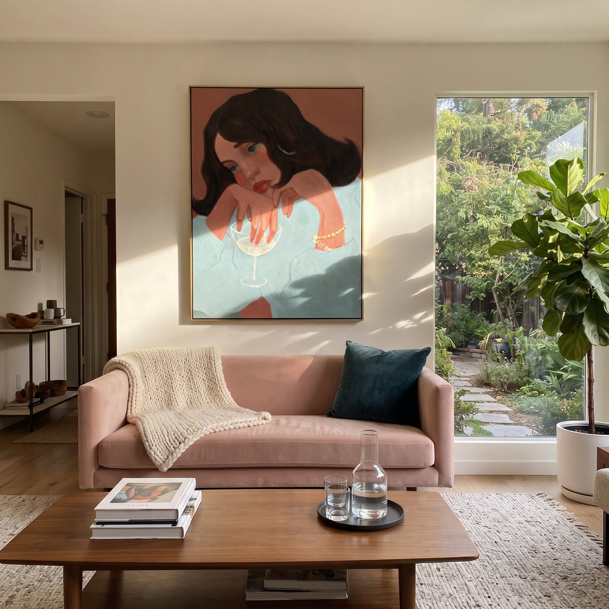 Teal Sleeve Holds Thought presented above a contemporary console