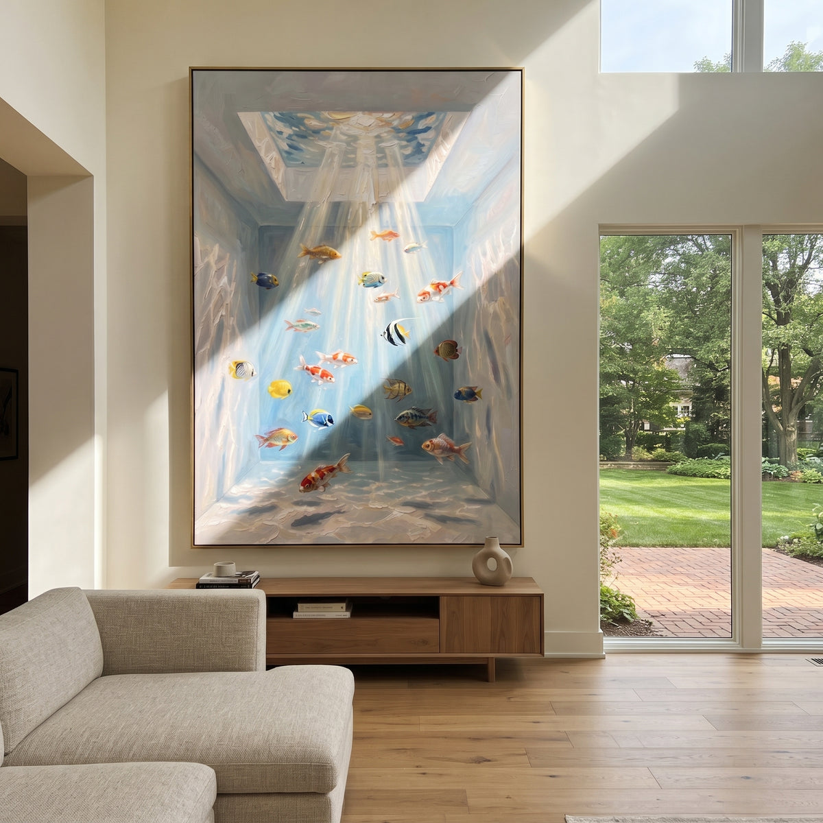 Blue Rain Returns Softly displayed in a warm contemporary interior