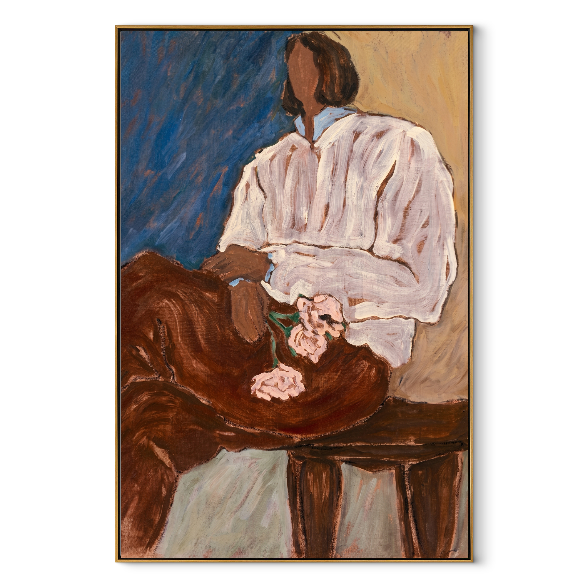 Striped Chair Faces Shadow textured figurative painting, vertical canvas artwork
