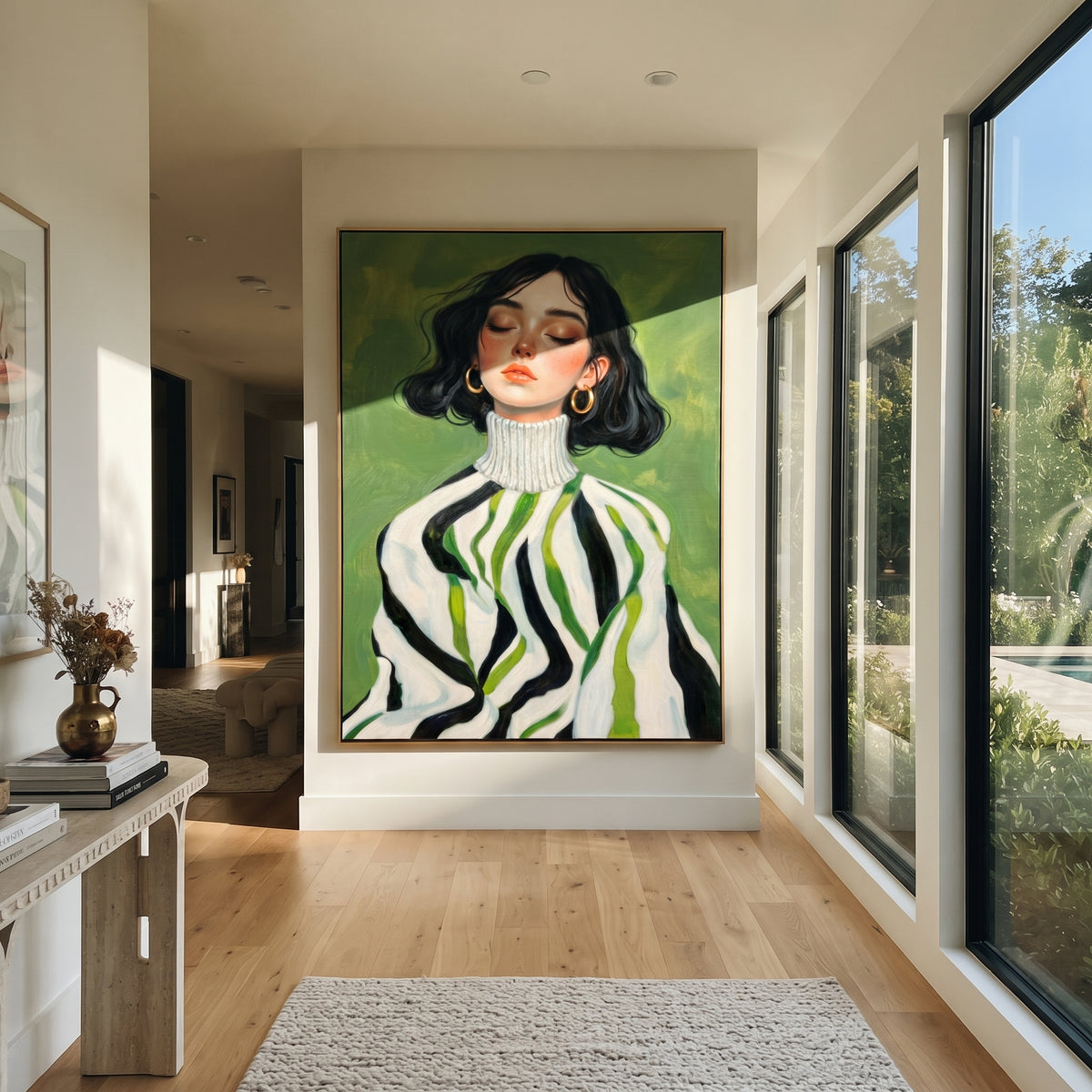 Green Stripes Frame Her displayed in a warm contemporary interior