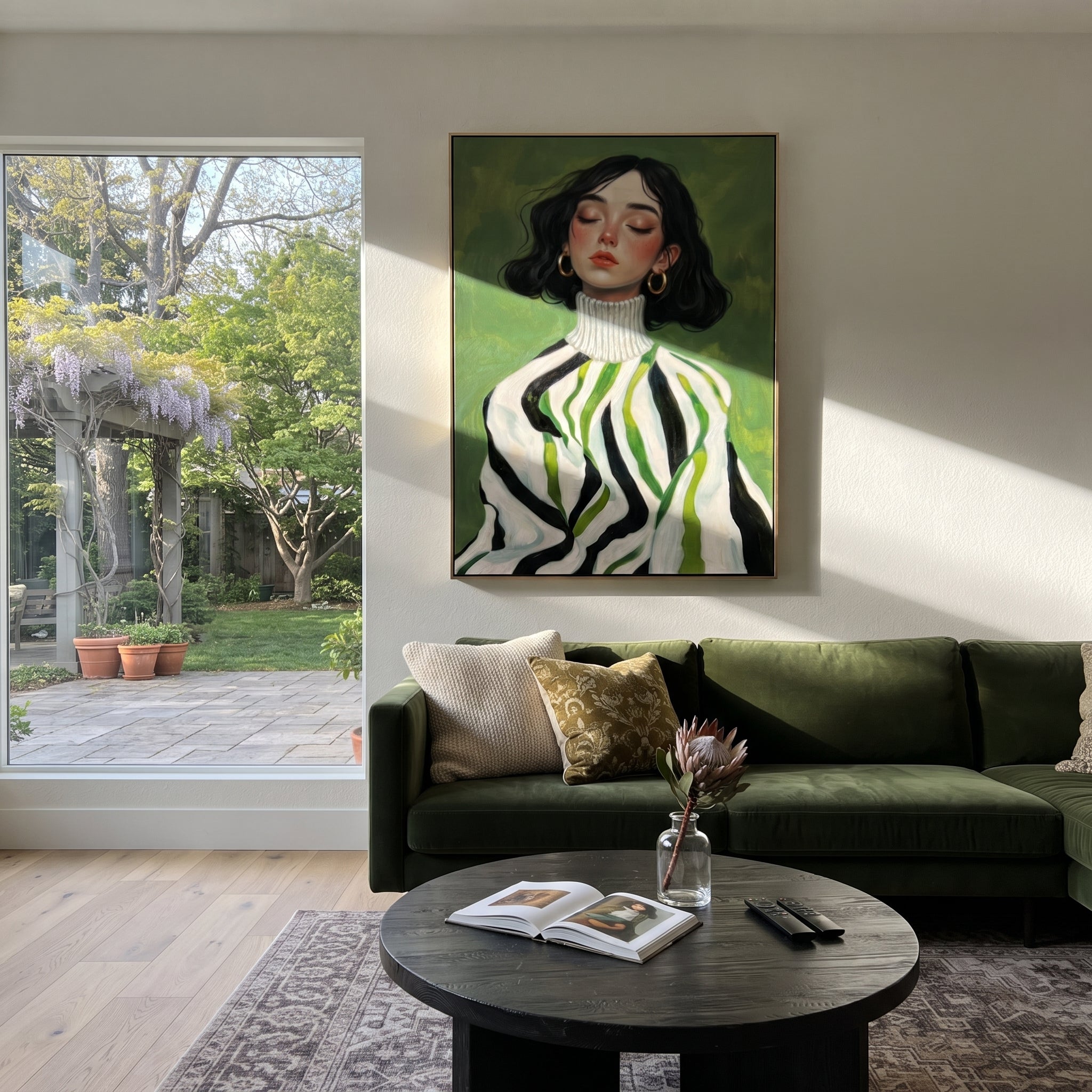 Green Stripes Frame Her presented above a contemporary console