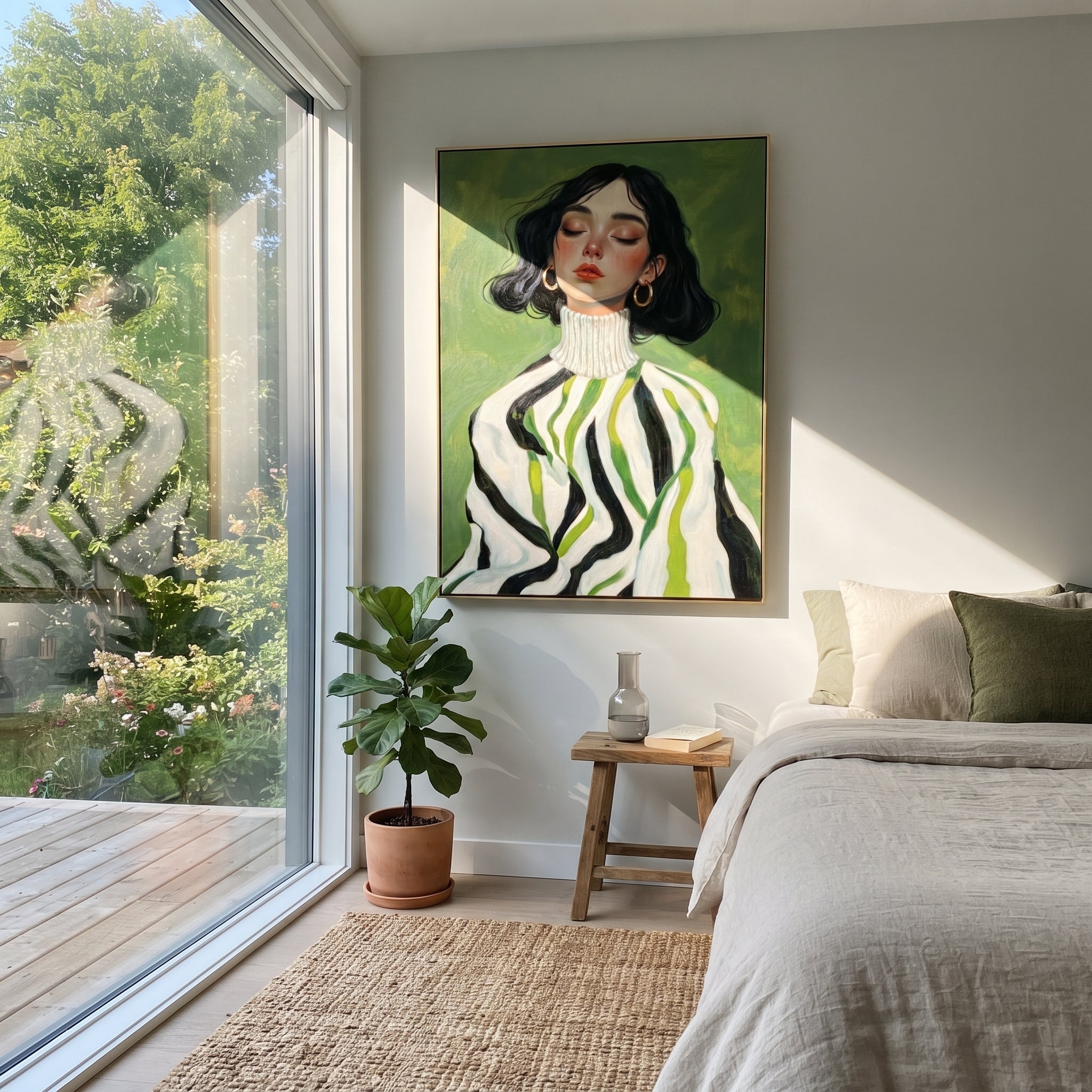 Green Stripes Frame Her displayed as a Retro Modern room focal point