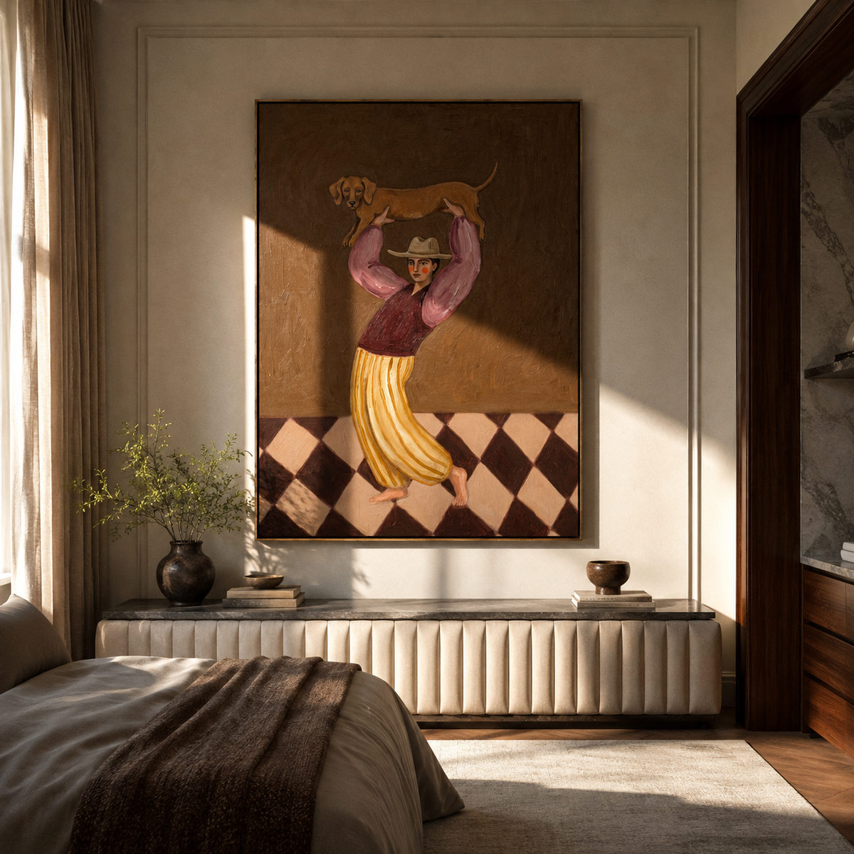 Dog Rises Above Dance displayed in a warm contemporary interior