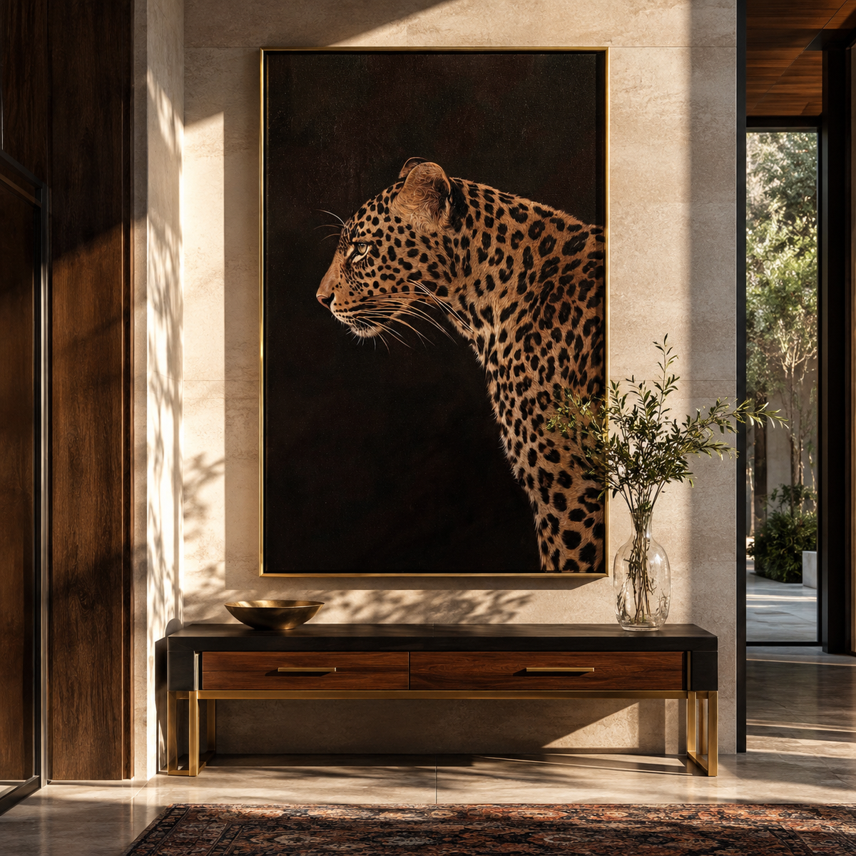 Leopard Watches Black Field presented above a contemporary console