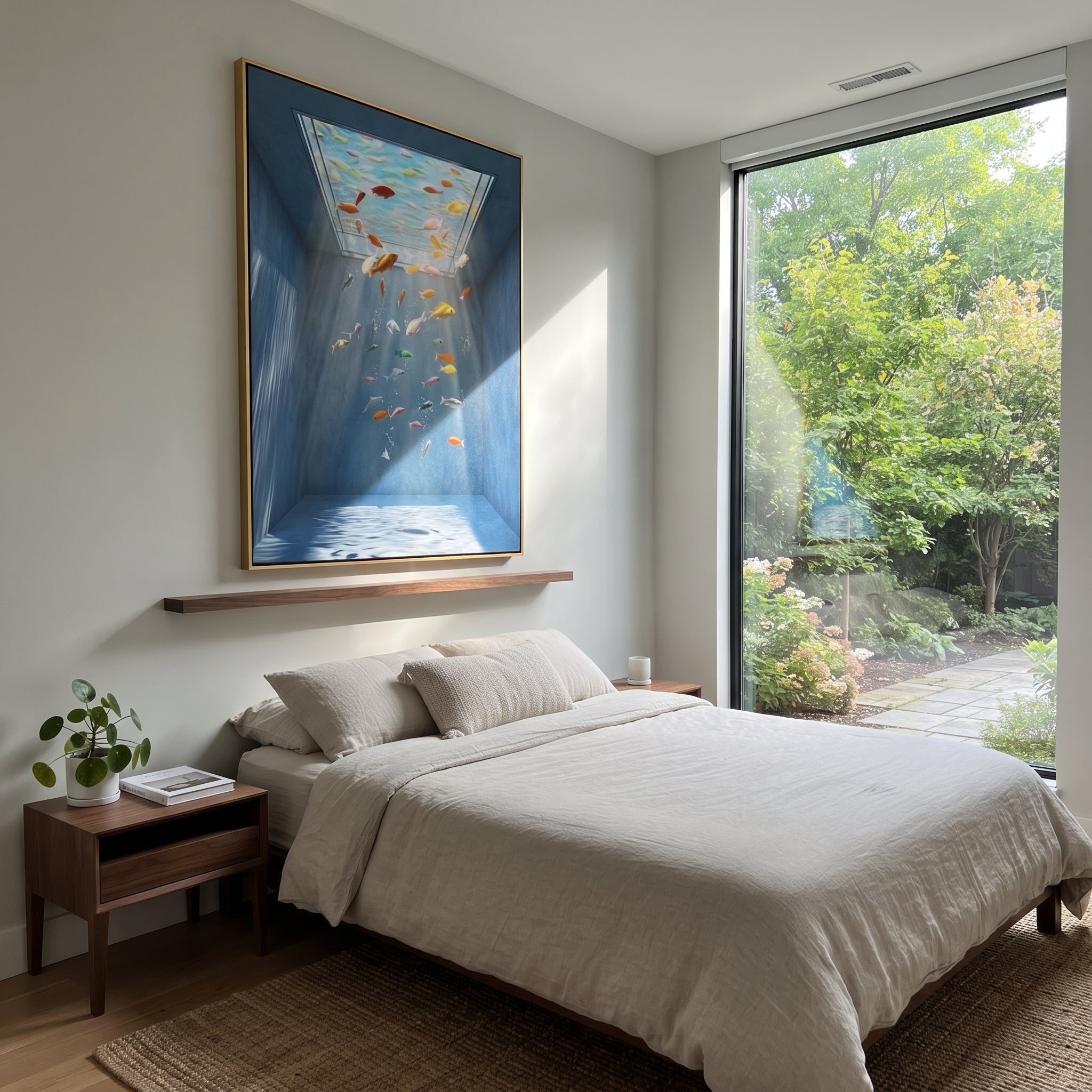 Cobalt Rain Finds Color presented above a contemporary console
